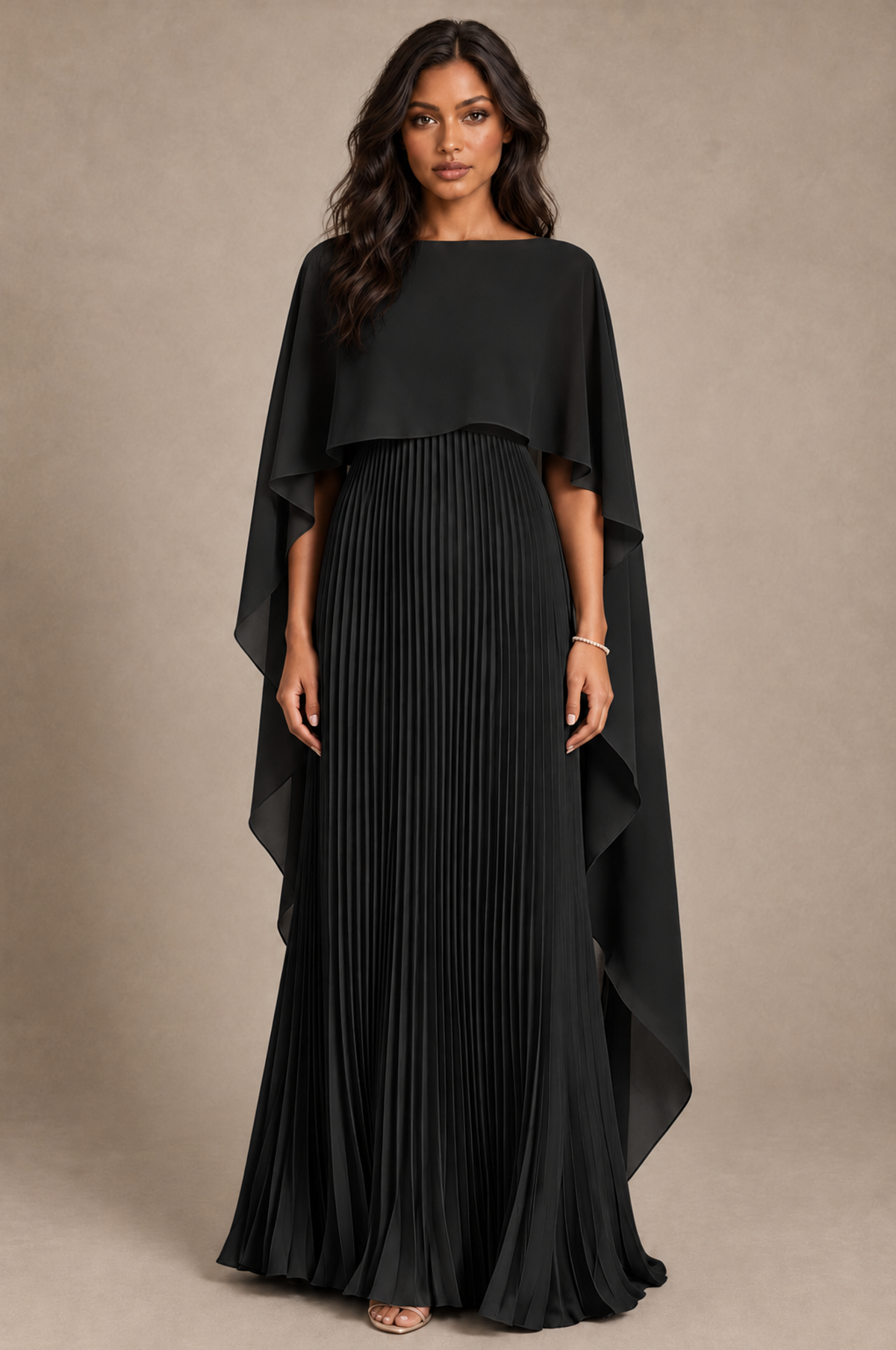 BOLODOO Black Pleated Cape A-Line Evening Dress - Black - Black_1