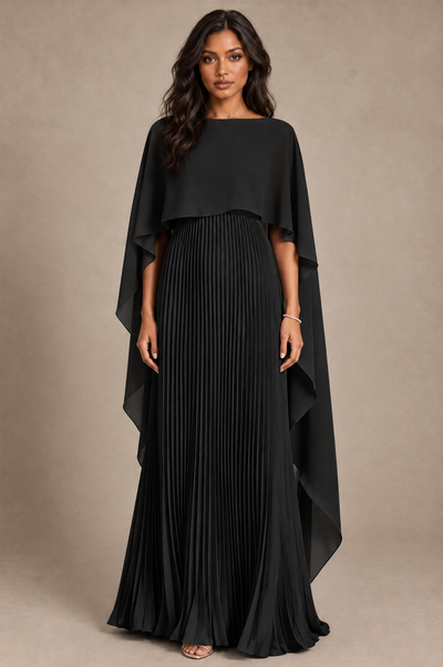 BOLODOO Black Pleated Cape A-Line Evening Dress - Black - Black_1