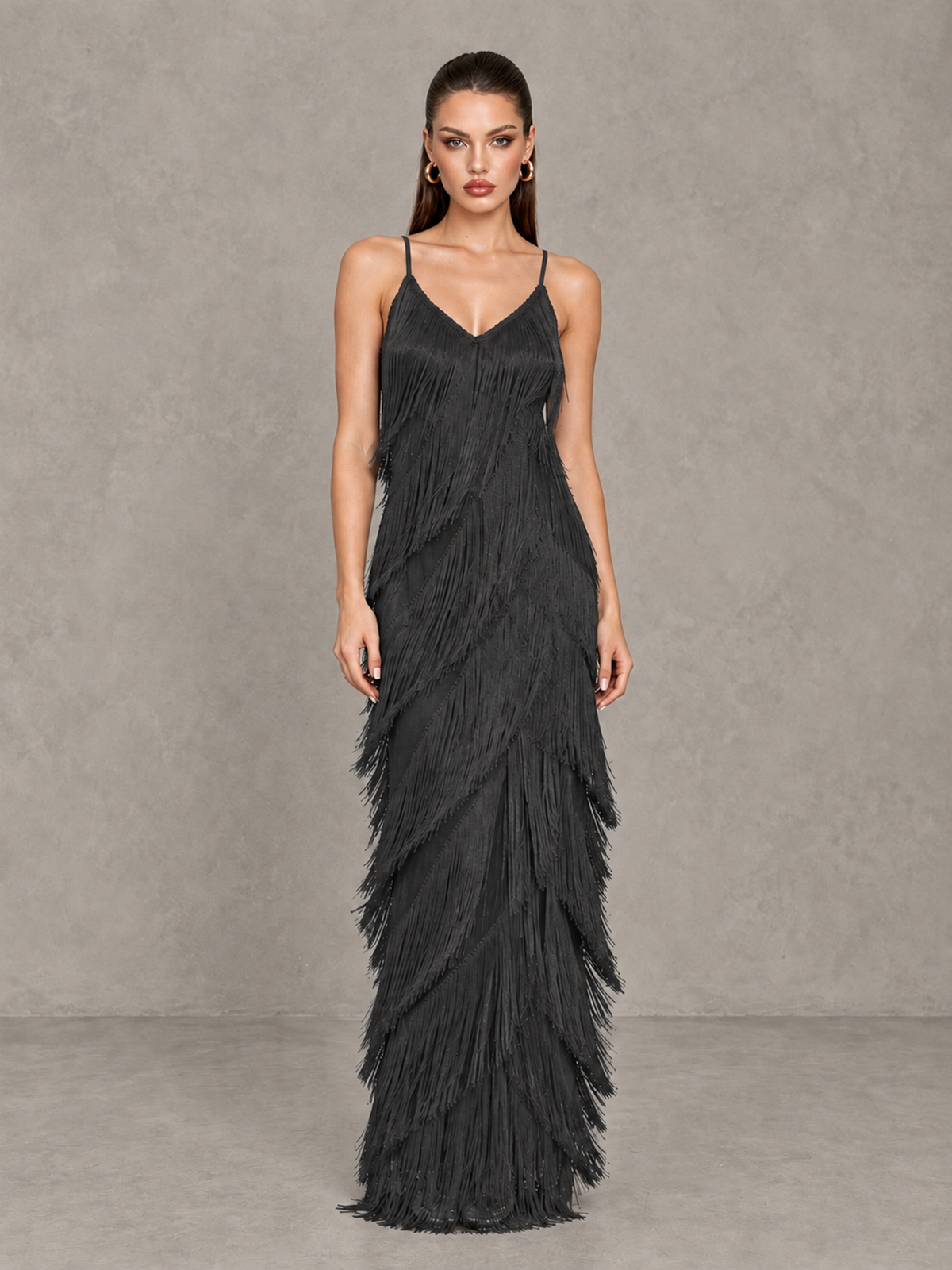BOLODOO Black V-Neck Spaghetti Strap Fringe Maxi Evening Dress - Black - Black_1