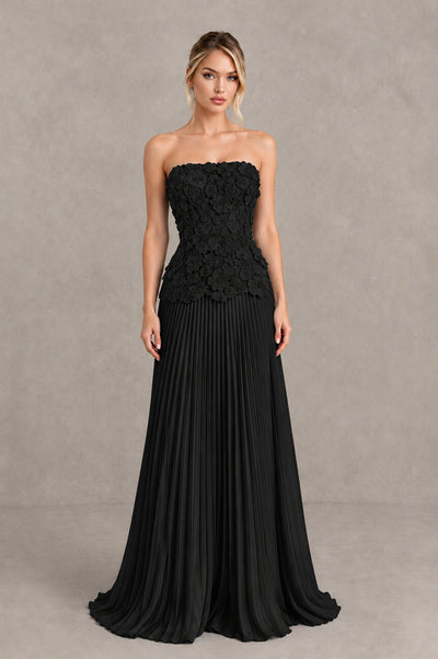 BOLODOO Black Strapless Floral Applique Pleated Evening Dress - Black - Black_1