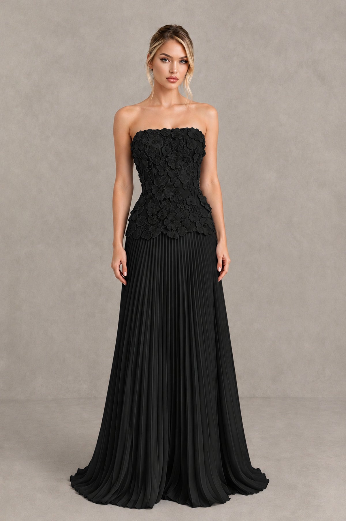 BOLODOO Black Strapless Floral Applique Pleated Evening Dress - Black - Black_1
