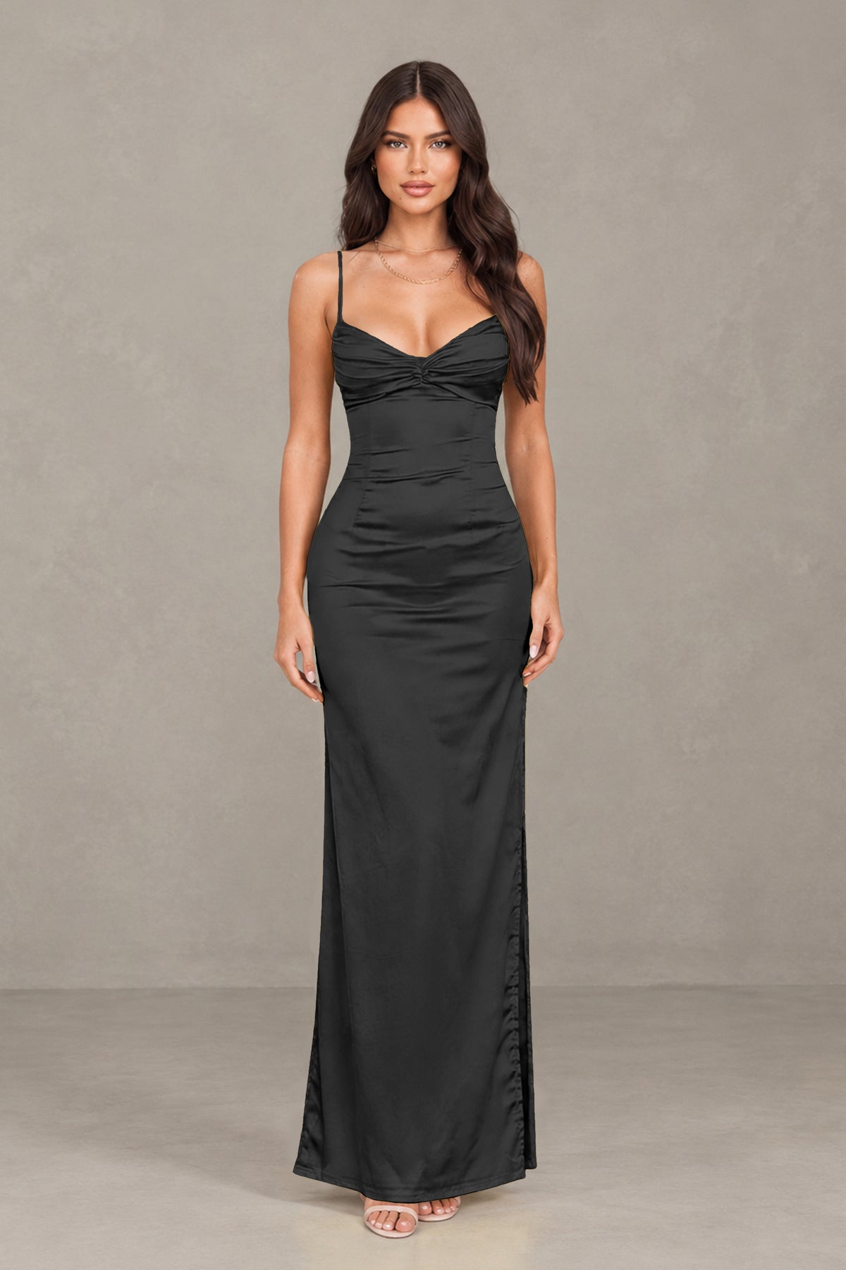 BOLODOO Black Satin Cowl Neck Open Back Mermaid Maxi Dress with Side Slit - Black