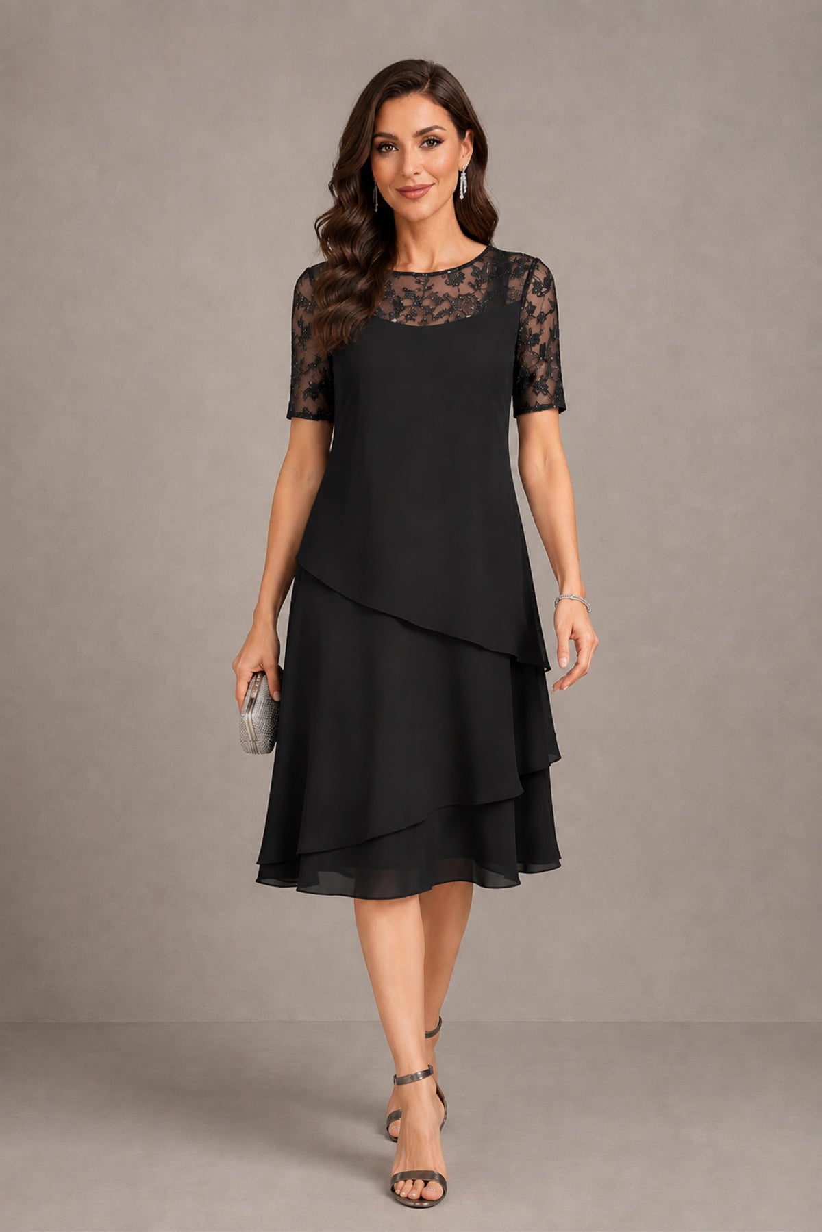 BOLODOO Black Illusion Lace Short Sleeve Tiered Chiffon Tea Length Dress | Mother of the Bride Midi Dress - Black