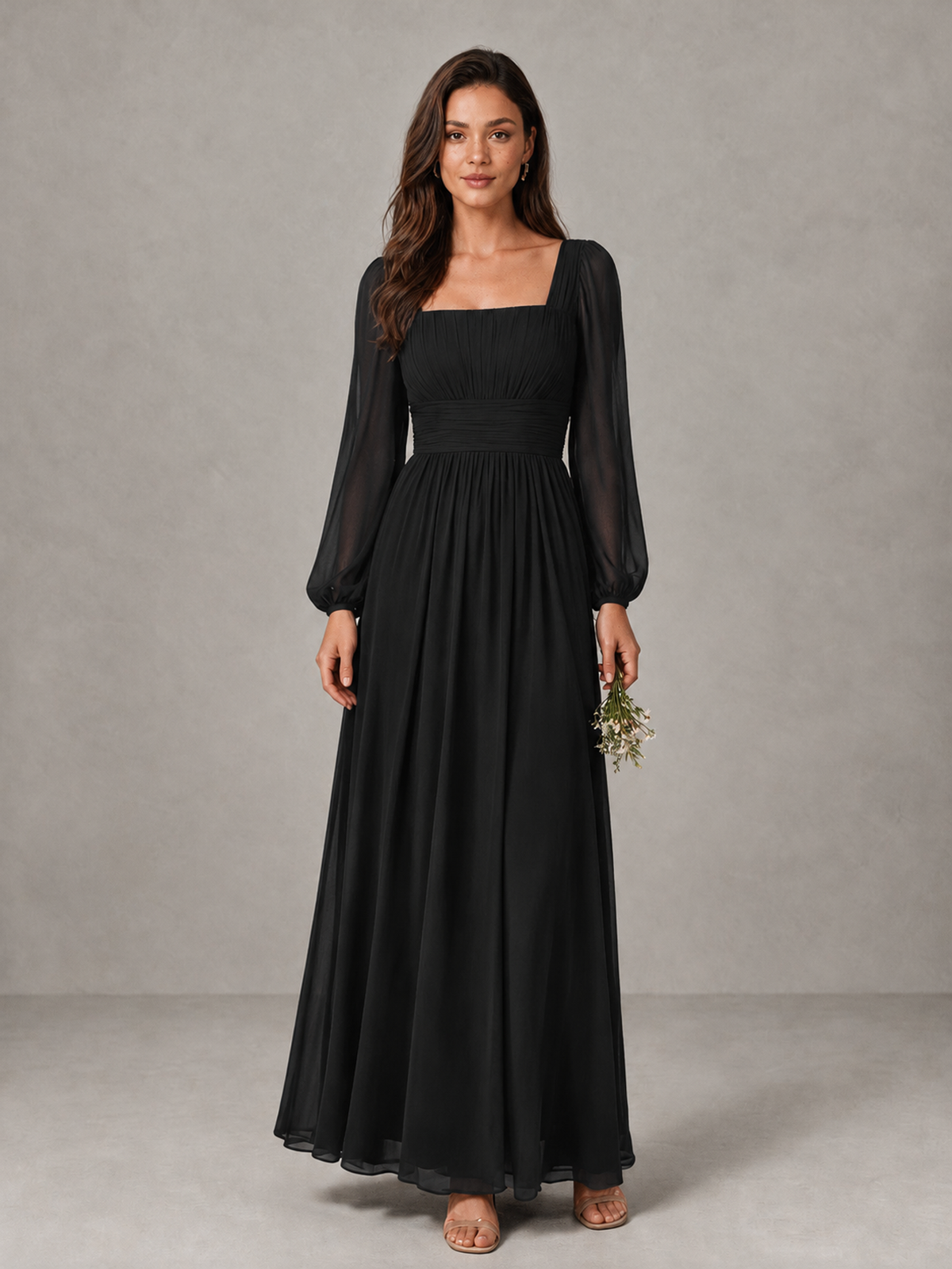 BOLODOO Black Square Neck Long Sleeve Chiffon Bridesmaid Dress - Black - Black_1