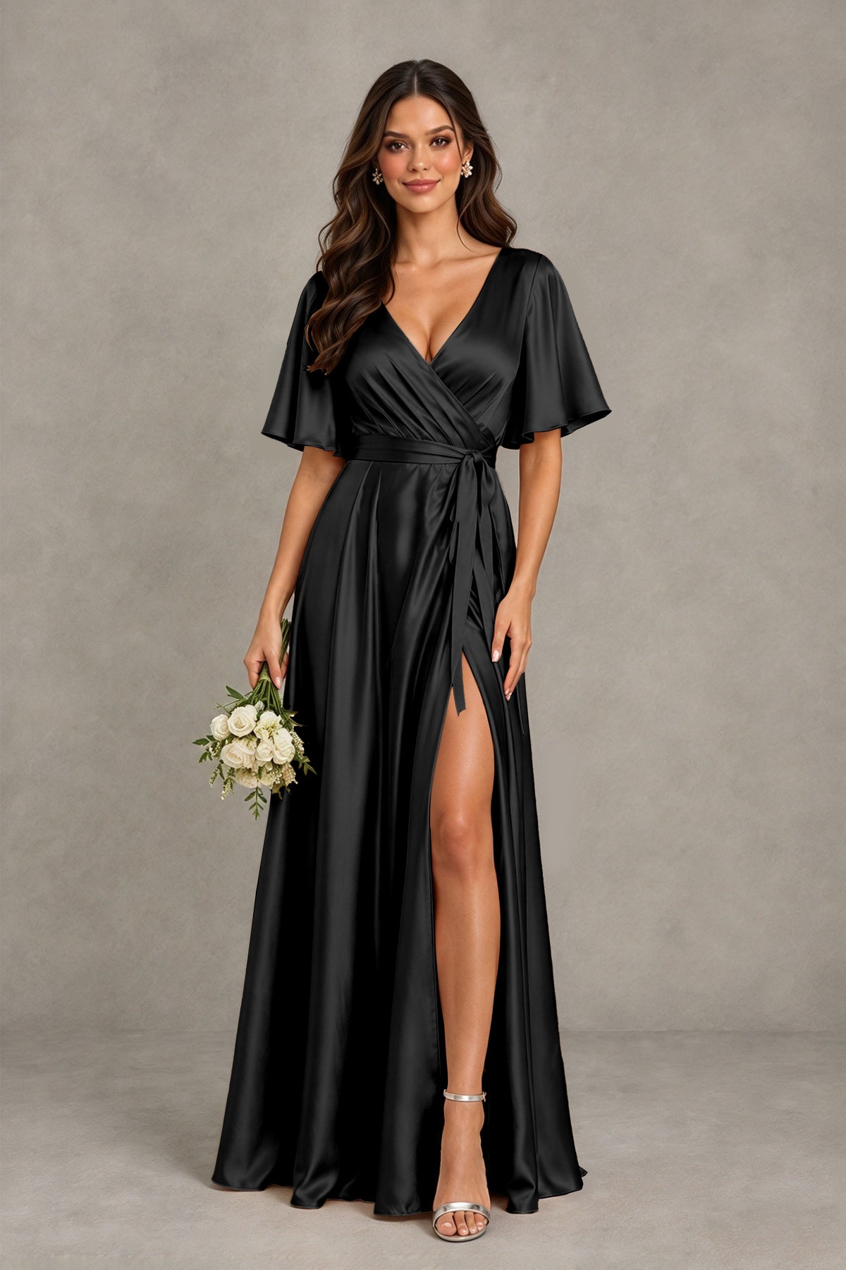 BOLODOO Black Satin V-Neck Flutter Sleeve Bridesmaid Dress with Slit - Black - Black(1)