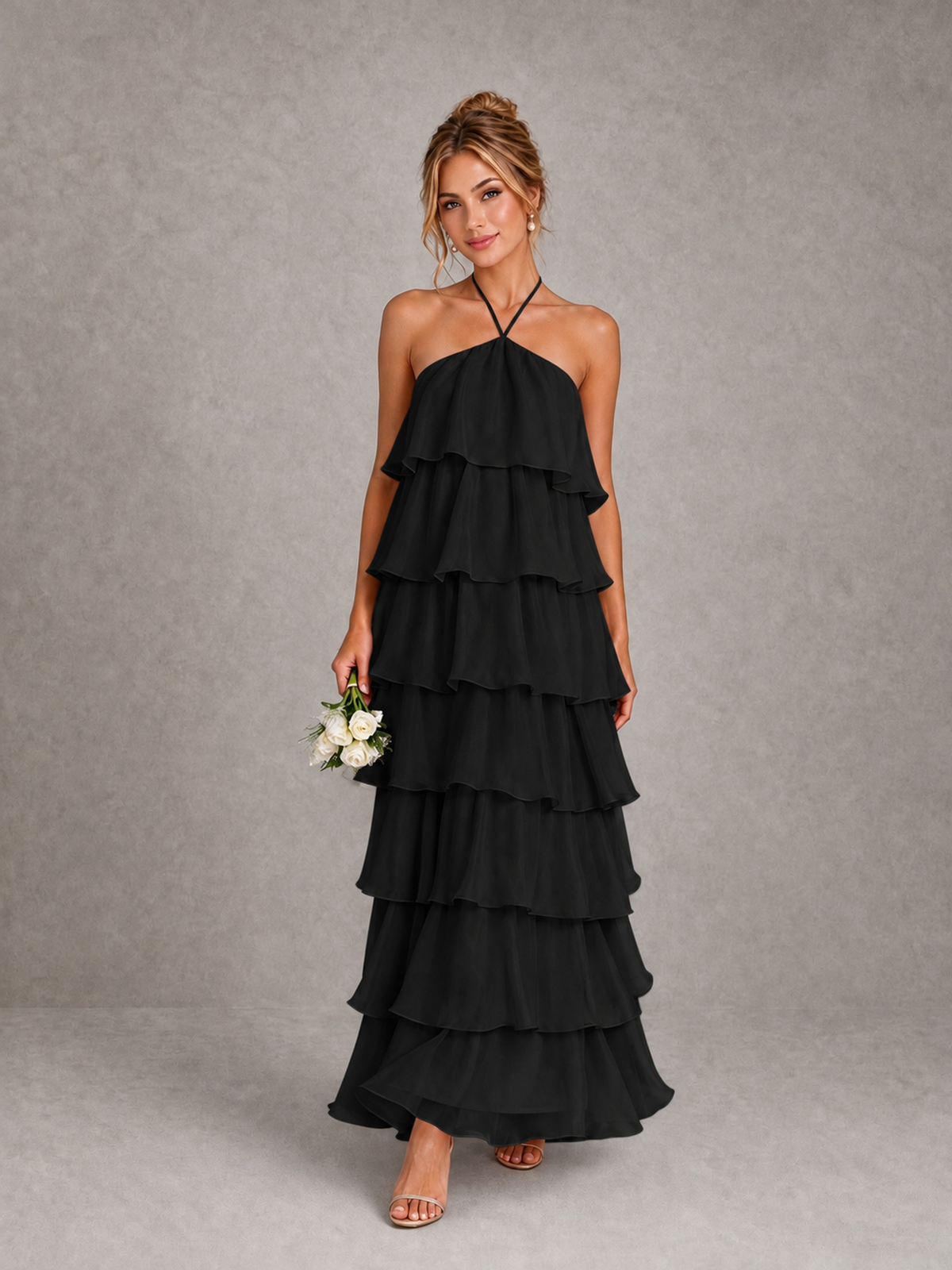 BOLODOO Black Halter Tiered Ruffle Maxi Bridesmaid Dress - Black - Black_1