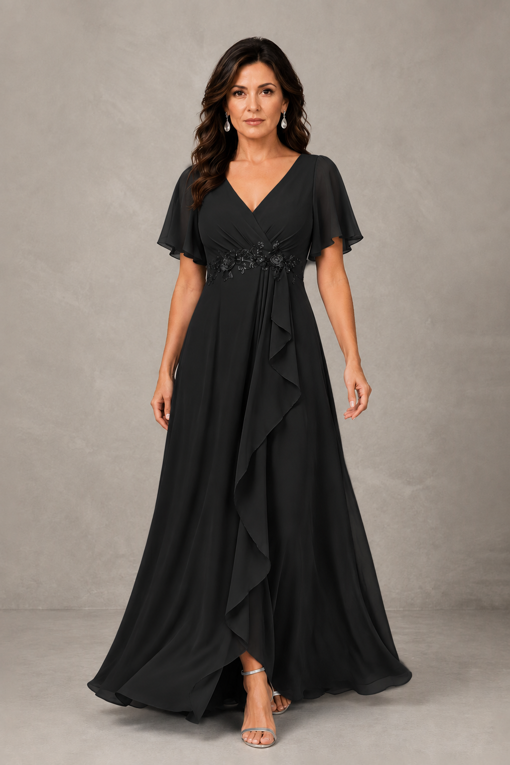 BOLODOO Black Chiffon V-Neck Flutter Sleeve Floral Applique Cascade Ruffle Lace-Up Back A-Line Maxi Evening Dress - Black
