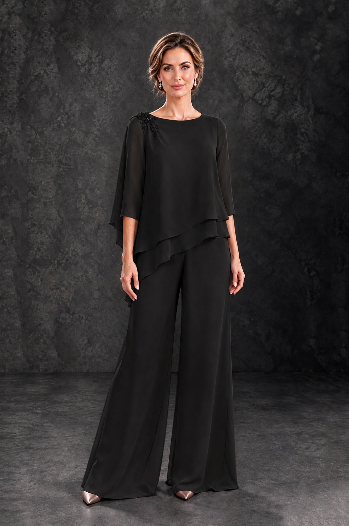 BOLODOO Black Layered Wide-Leg Mother of the Bride Pant Suit - Black - Black_1