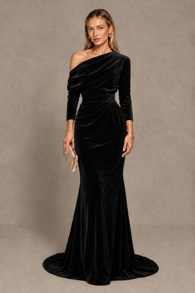 BOLODOO Black Velvet Asymmetric Neck Mermaid Evening Dress - Black - Black_1