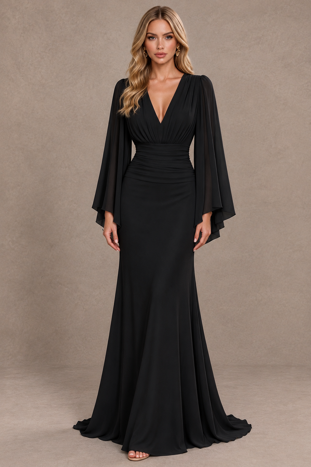 BOLODOO Black Cape Sleeve V-Neck Ruched Chiffon Evening Dress - Black - Black_1