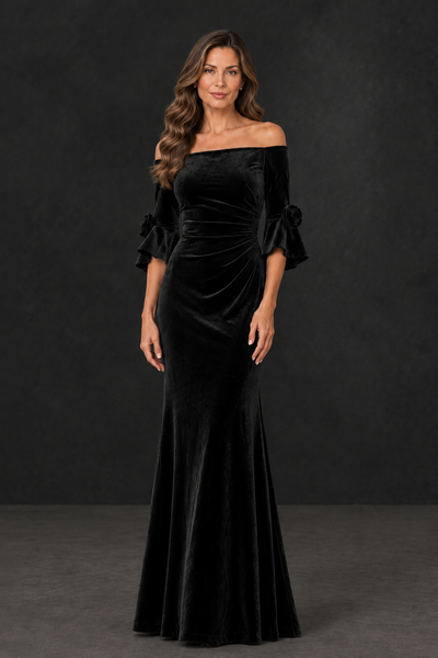 BOLODOO Black Velvet Mother of the Bride Dress with Rosette Sleeves - Black - Black_1