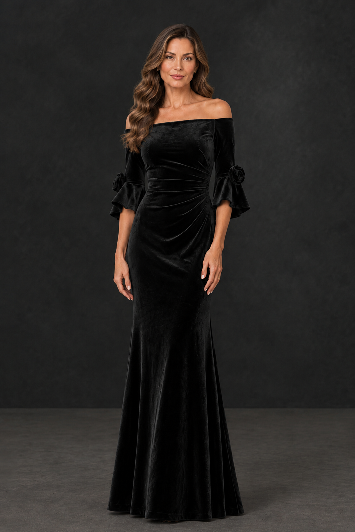 BOLODOO Black Velvet Mother of the Bride Dress with Rosette Sleeves - Black - Black_1