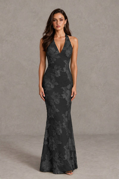 BOLODOO Black Floral Jacquard Halter Maxi Dress - Black - Black(1)
