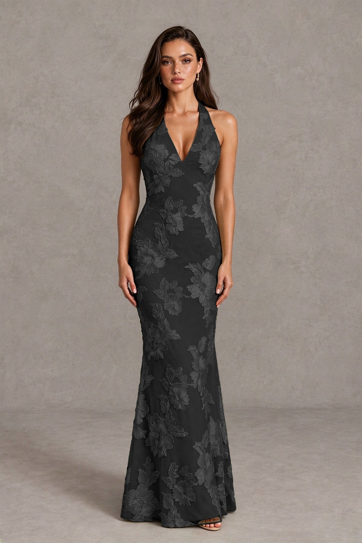 BOLODOO Black Floral Jacquard Halter Maxi Dress - Black - Black(1)