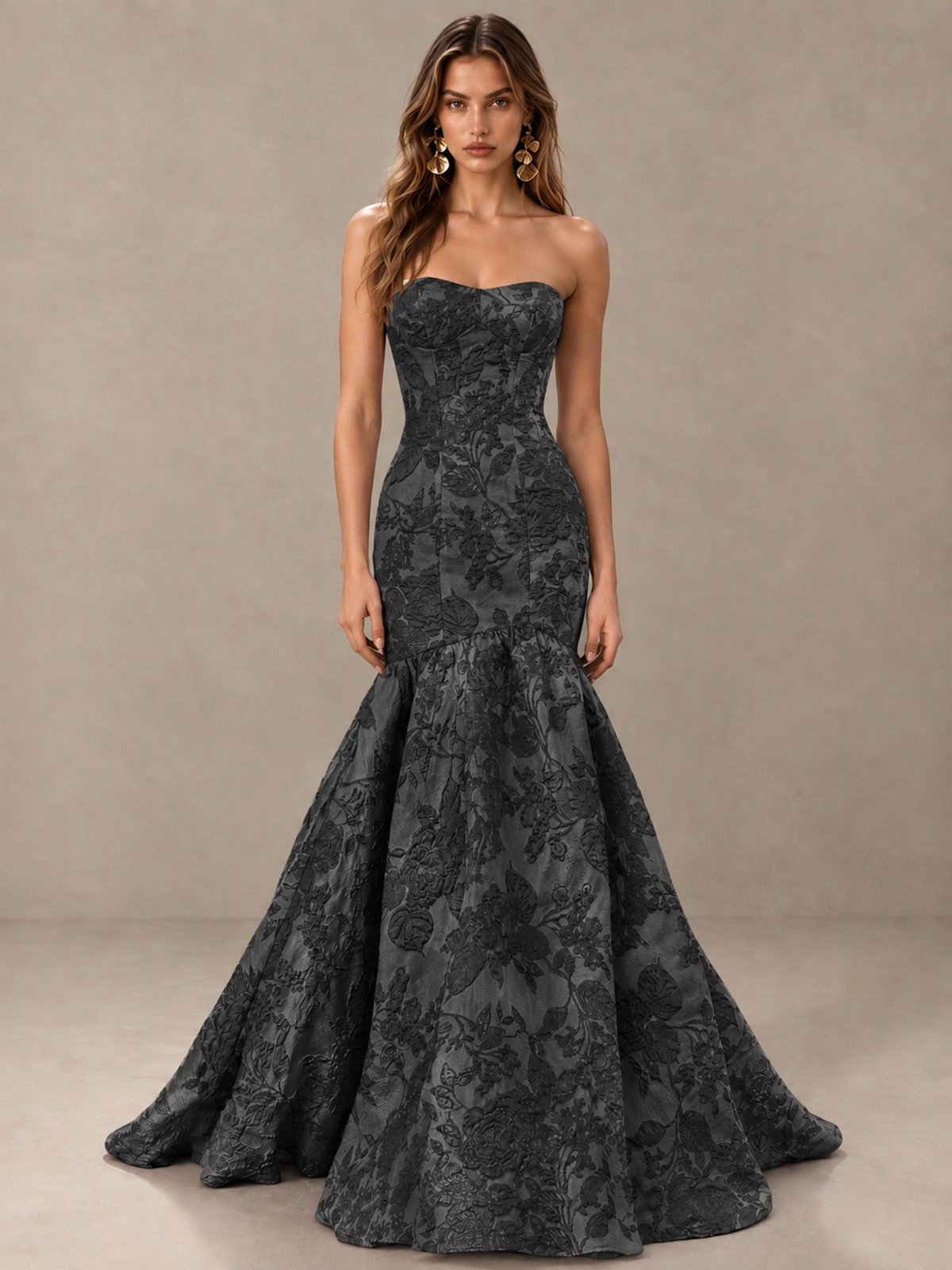 BOLODOO Black Floral Strapless Mermaid Prom Dress with Train - Black - Black_1
