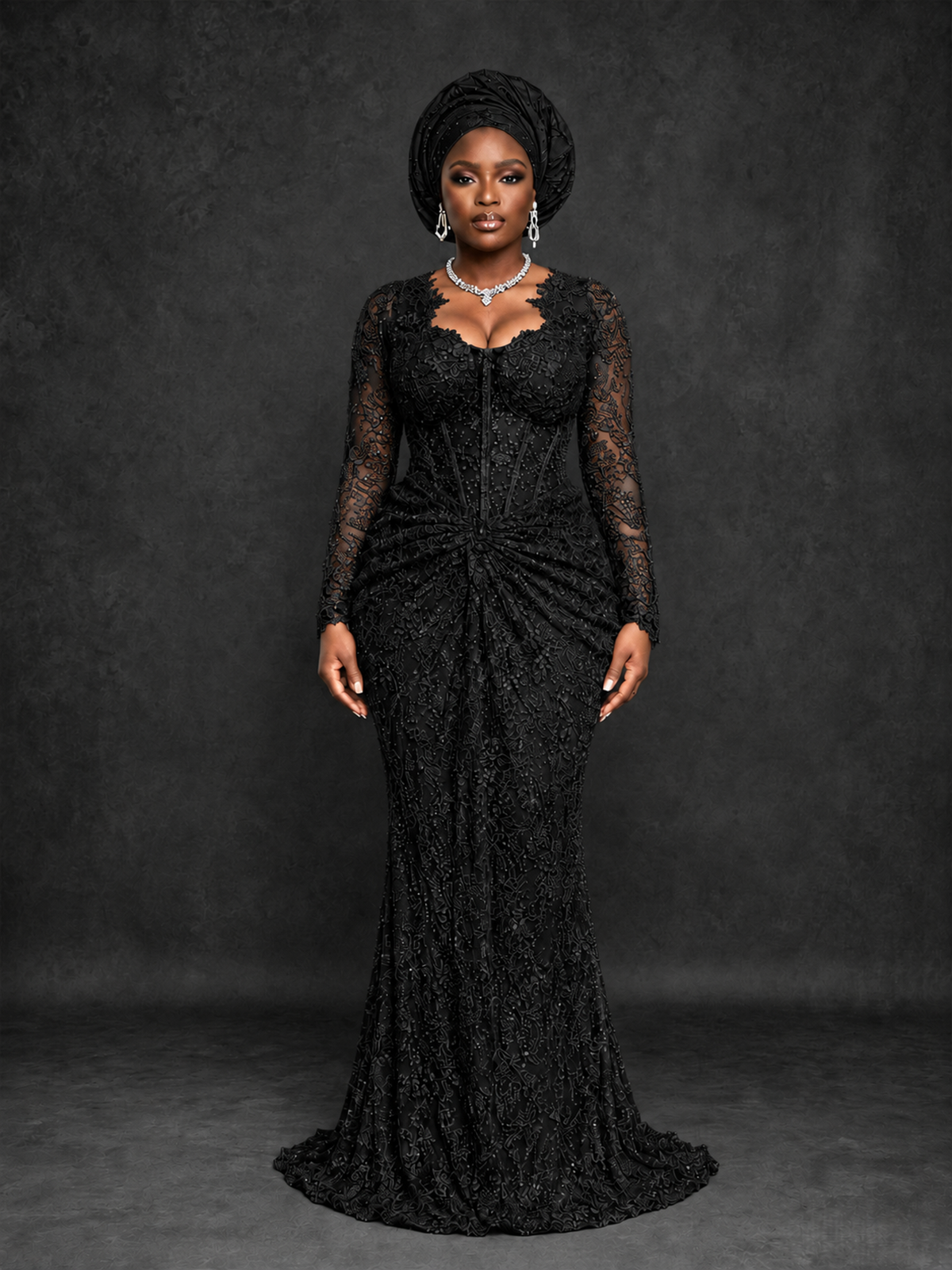 BOLODOO Black Beaded Lace Long Sleeve Mermaid Gown Sweetheart | Mother of the Bride - Black - Black_1