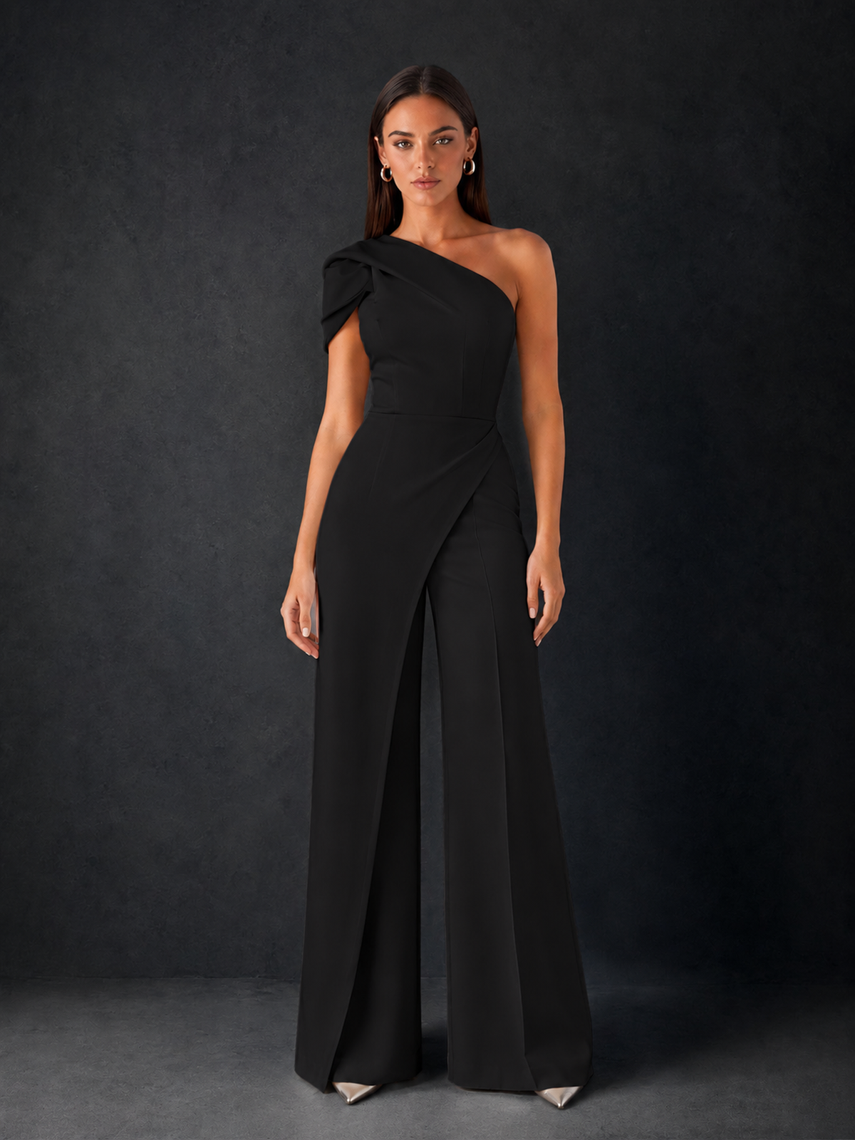 BOLODOO Black One-Shoulder Puff Sleeve Wide-Leg Jumpsuit with Front Slit and Open Back - Black