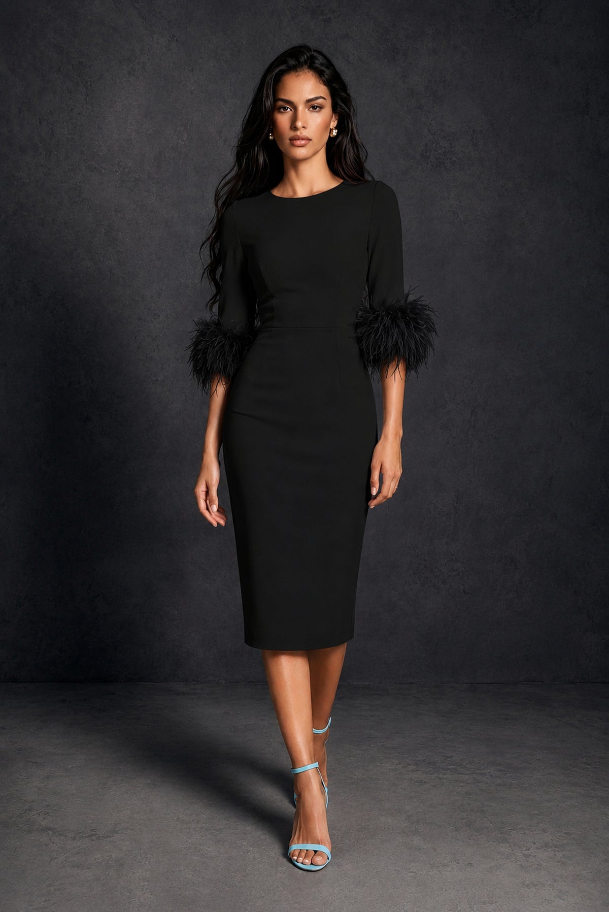 BOLODOO Black Ostrich Feather Cuff 3/4 Sleeve Round Neck Bodycon Midi Dress with Back Slit - Black
