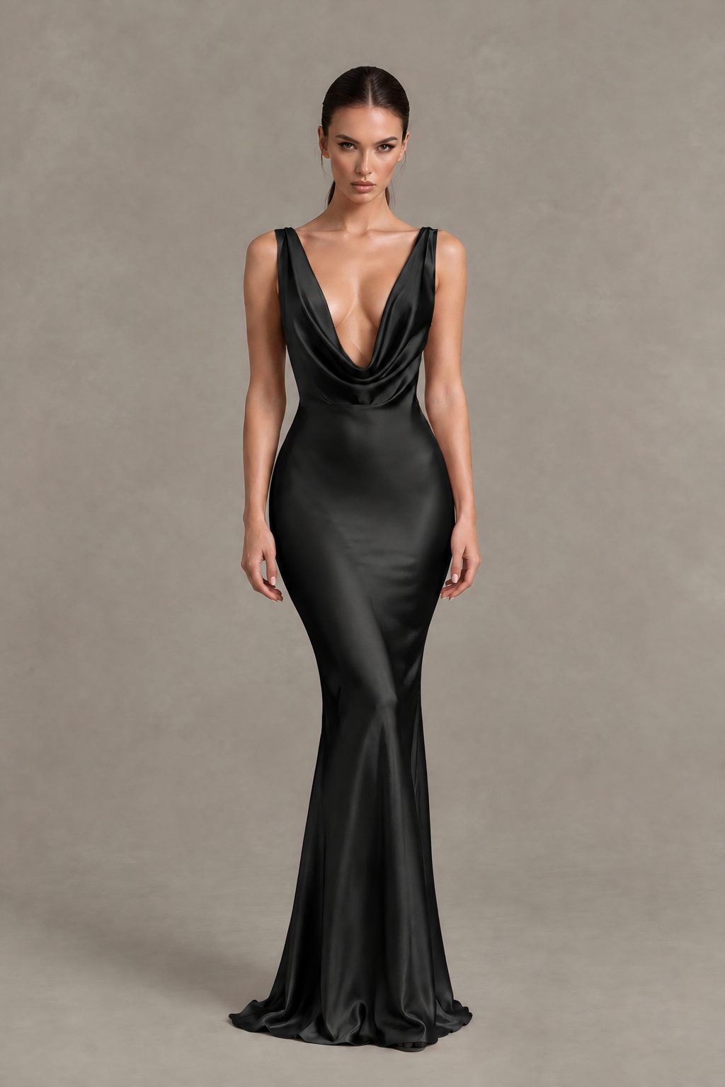 BOLODOO Black Cowl Neck Backless Satin Mermaid Evening Dress - Black - Black_1