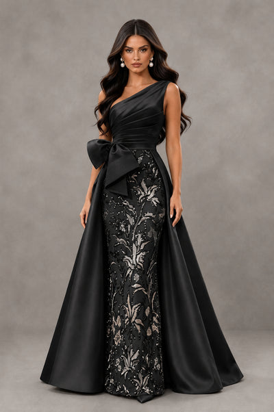 BOLODOO Black One Shoulder Satin Mermaid Formal Evening Gown with Bow - Black - Black_1