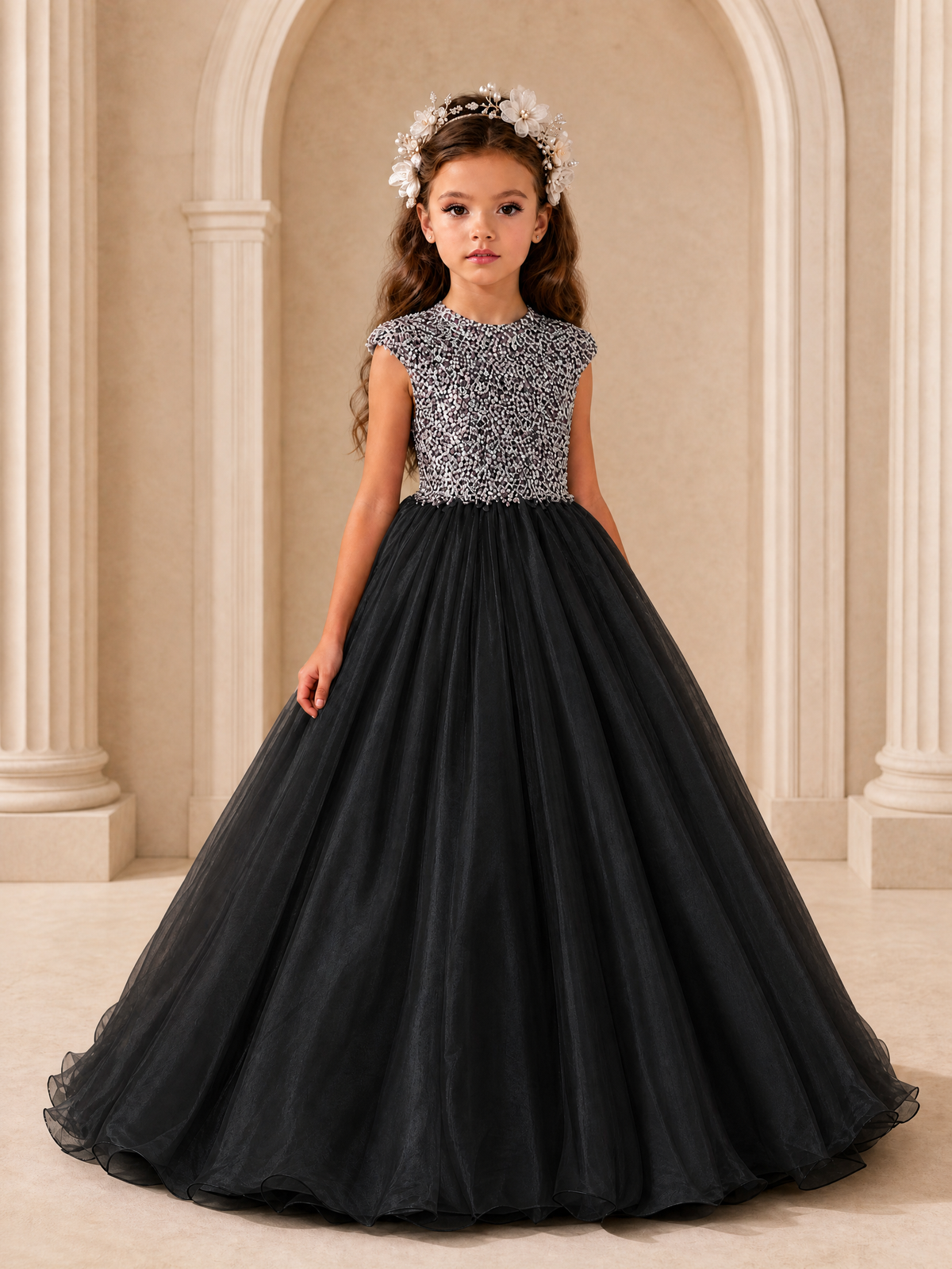 BOLODOO Black Sequin Tulle Flower Girl Dress with Cap Sleeves - Black - Black_1