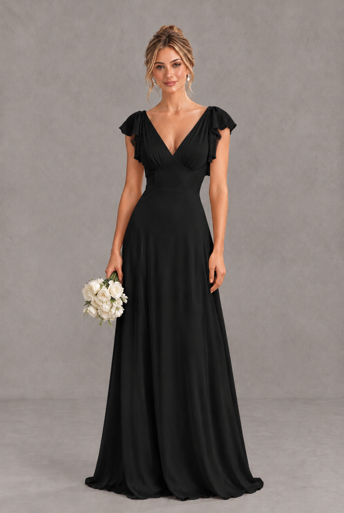 BOLODOO Black V-Neck Flutter Sleeve A-Line Bridesmaid Dress - Black - Black_1