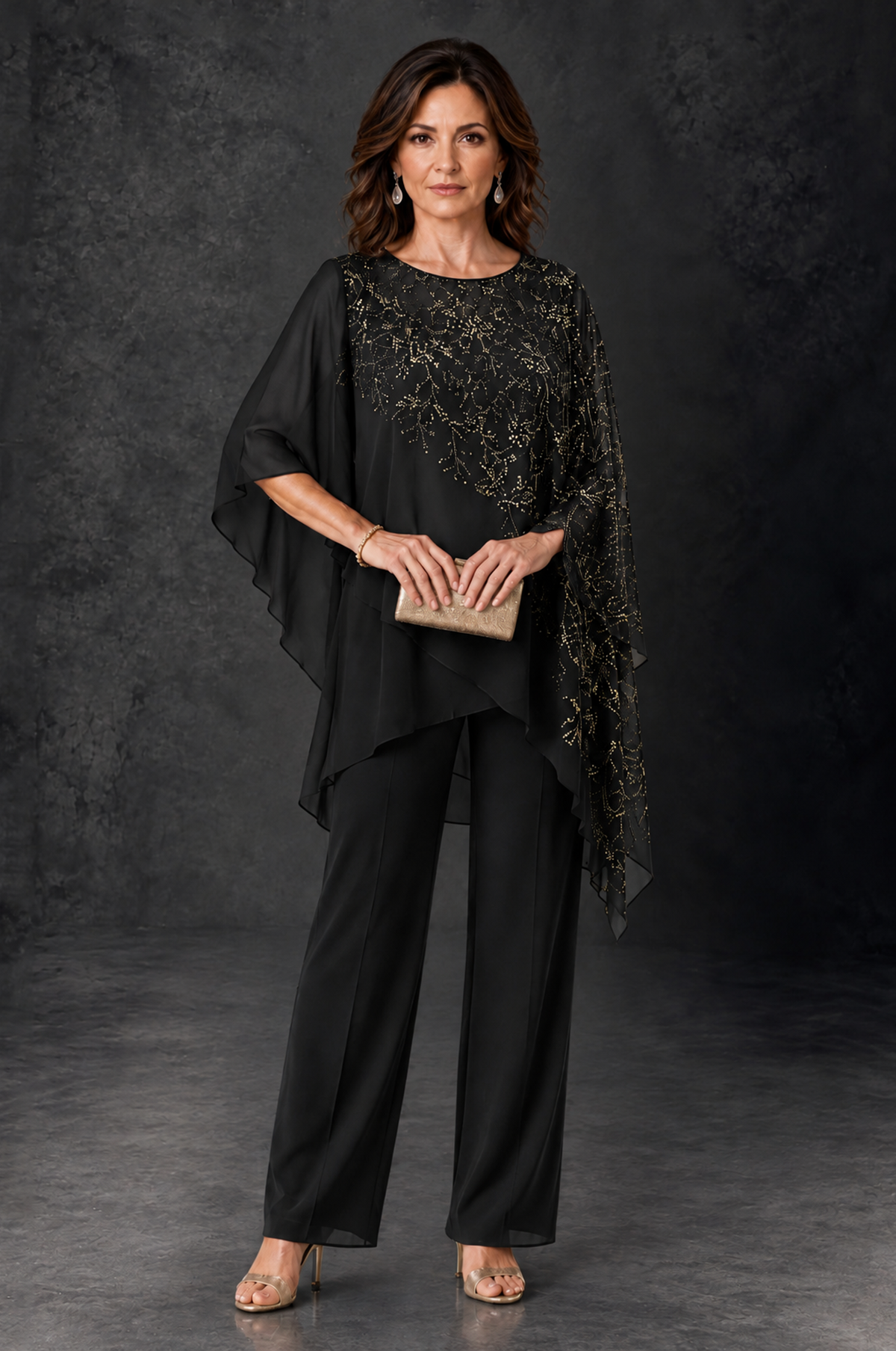 BOLODOO Black Embellished Cape Pant Suit for Mother of the Bride - Black - Black_1