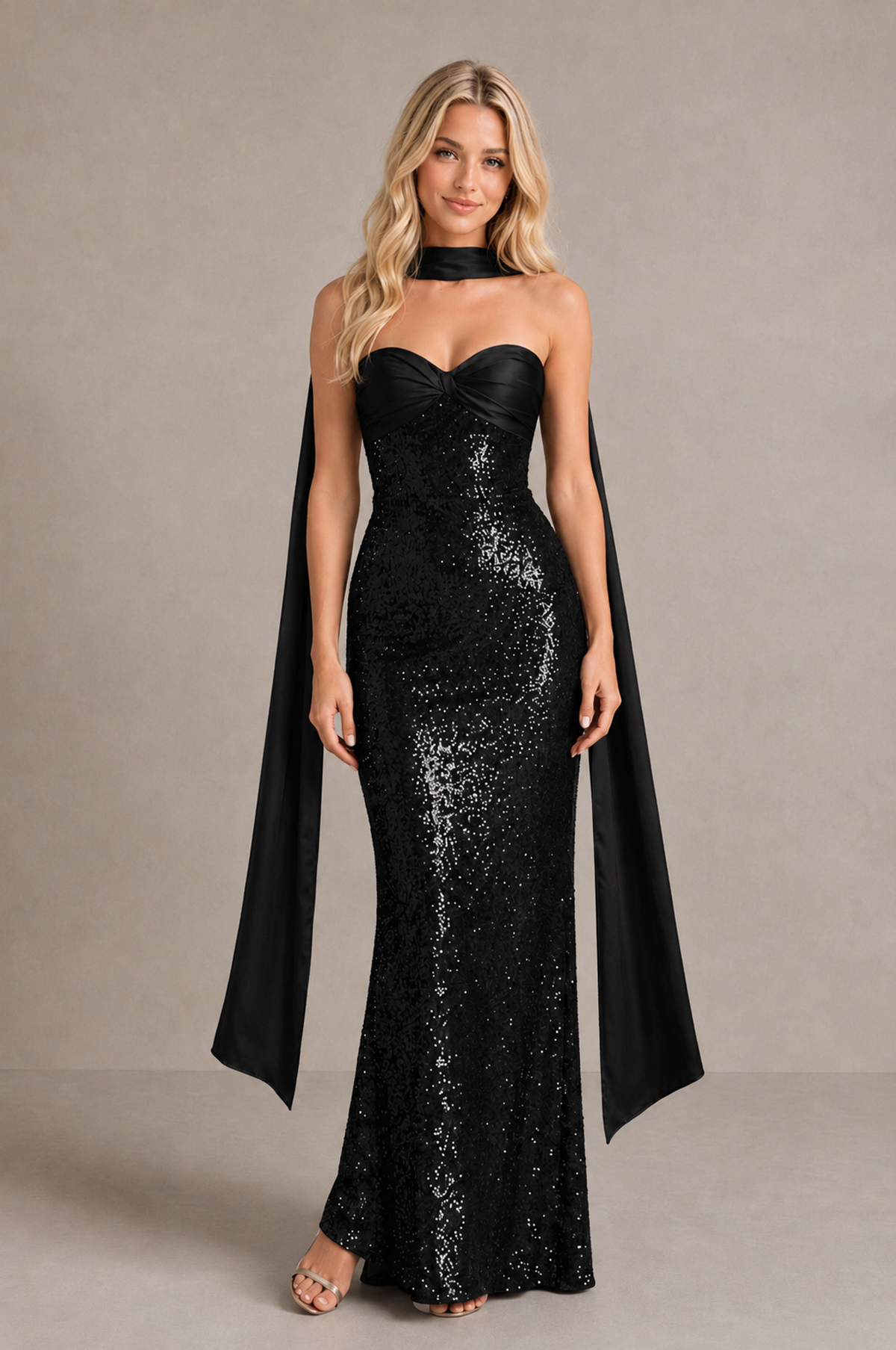 BOLODOO Black Strapless Sweetheart Evening Dress with Scarf - Black - Black_1