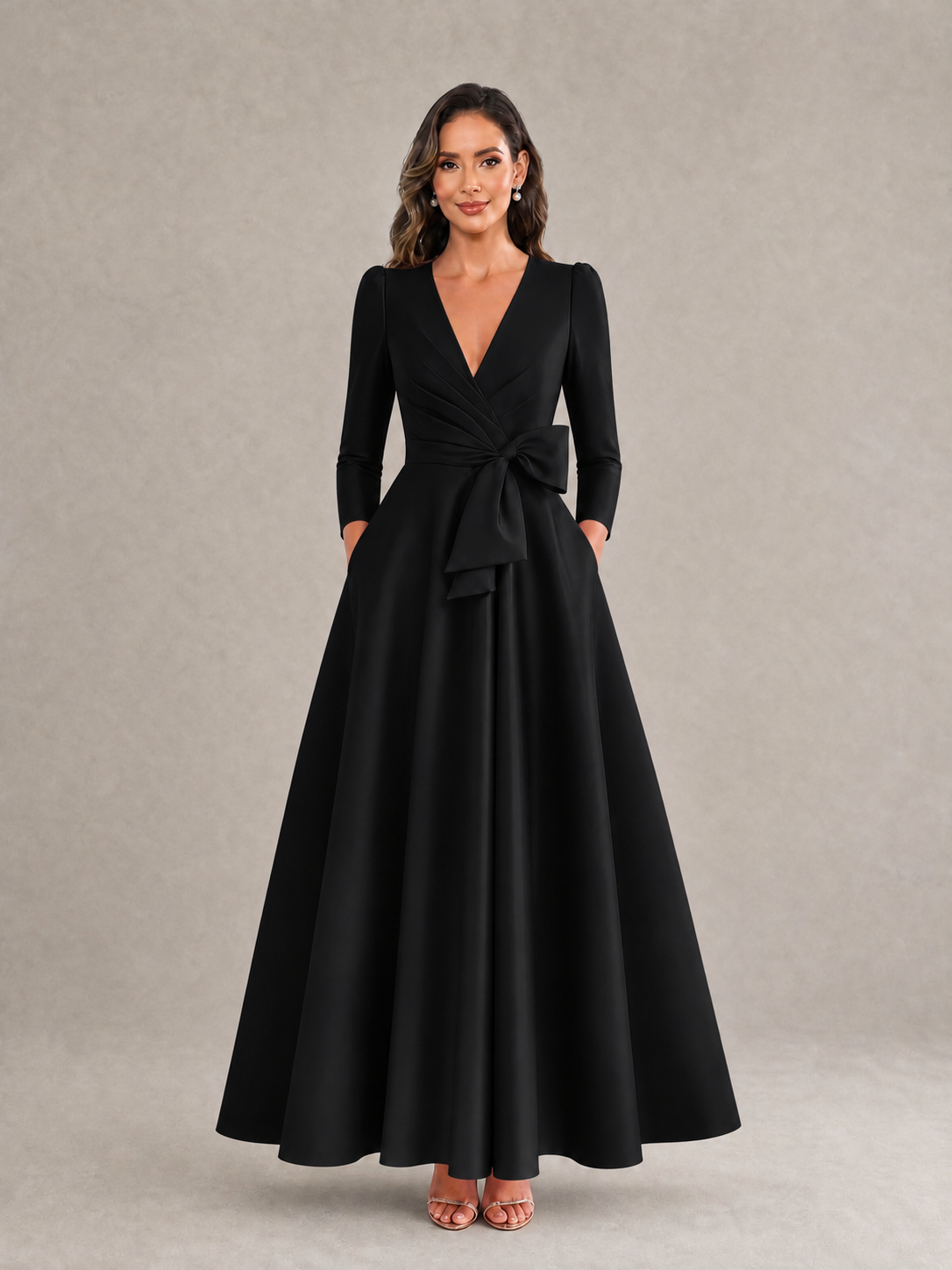 BOLODOO Black Satin Deep V-Neck Wrap 3/4 Puff Sleeve A-Line Ball Gown Maxi Dress with Oversized Bow Belt - Black