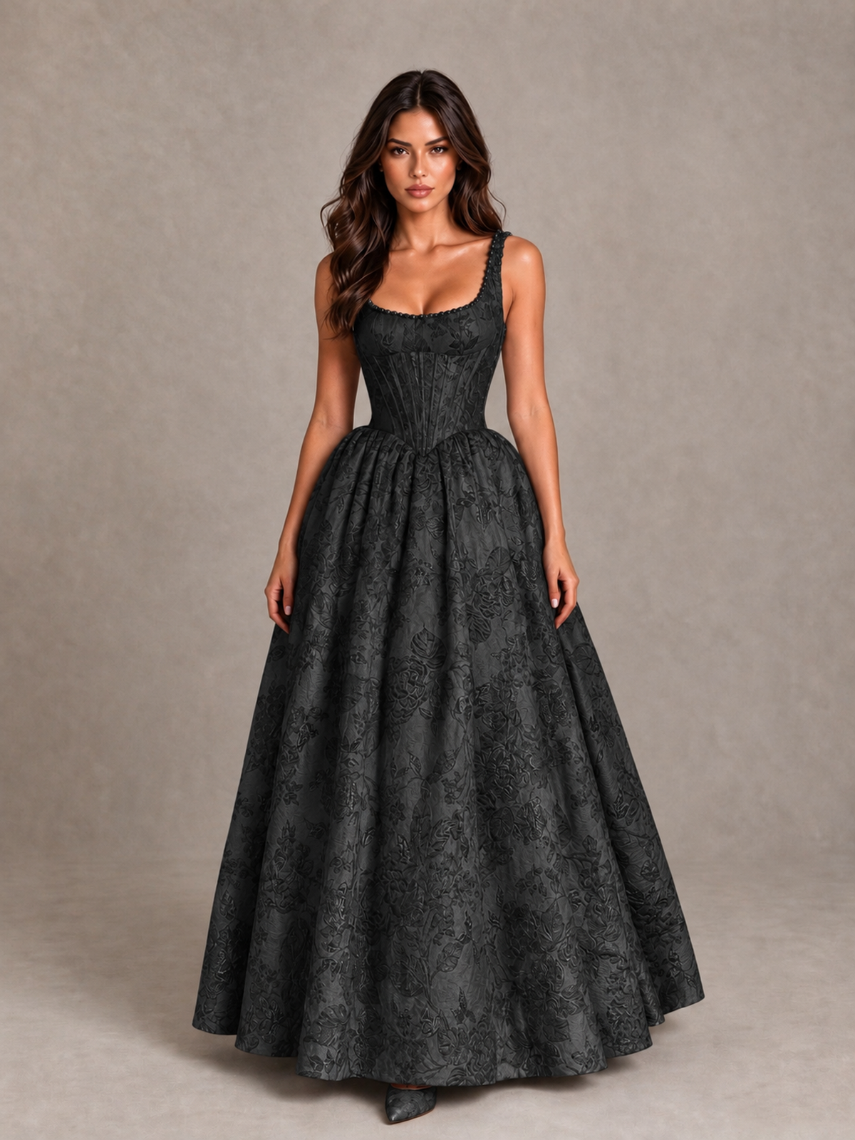 BOLODOO Black Floral Corset A-Line Prom Dress with Lace-Up Back - Black - Black_1