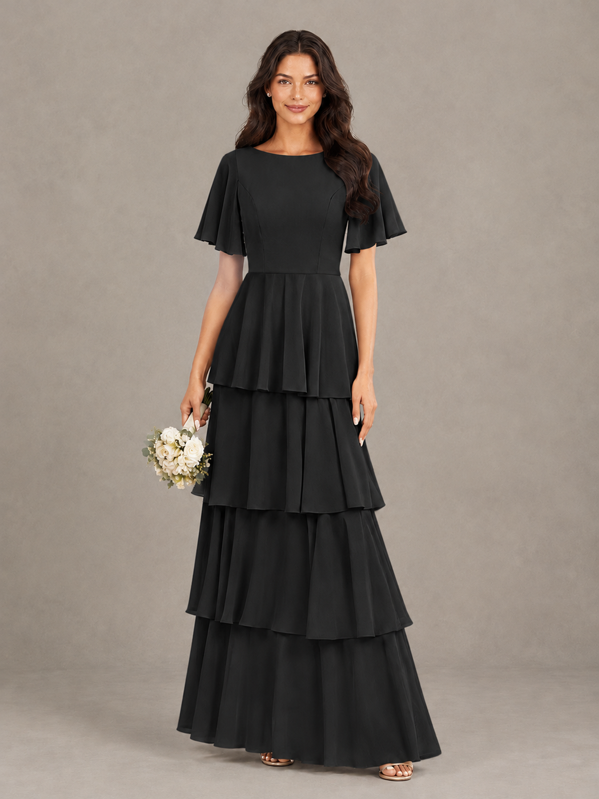 BOLODOO Black Tiered Flutter Sleeve Bridesmaid Dress - Black - Black_1