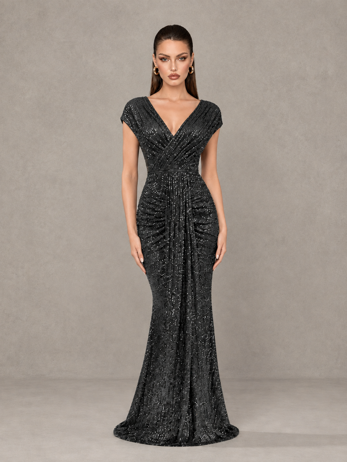 BOLODOO Black Glitter V-Neck Cap Sleeve Ruched Mermaid Evening Gown - Black - Black_1