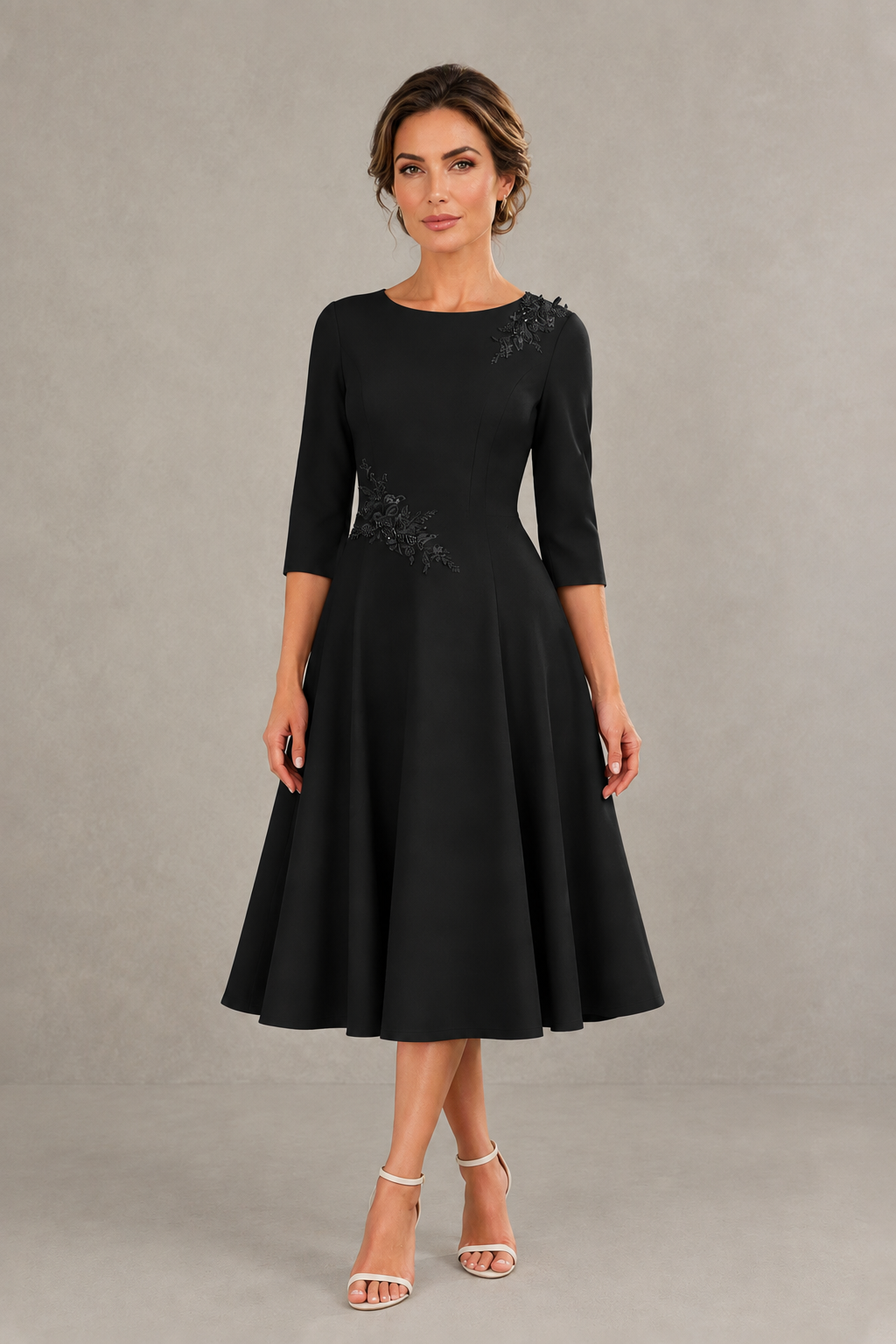 BOLODOO Black 3/4 Sleeve A-Line Dress with Floral Embroidery – Mother of the Bride & Wedding Guest Dress - Black