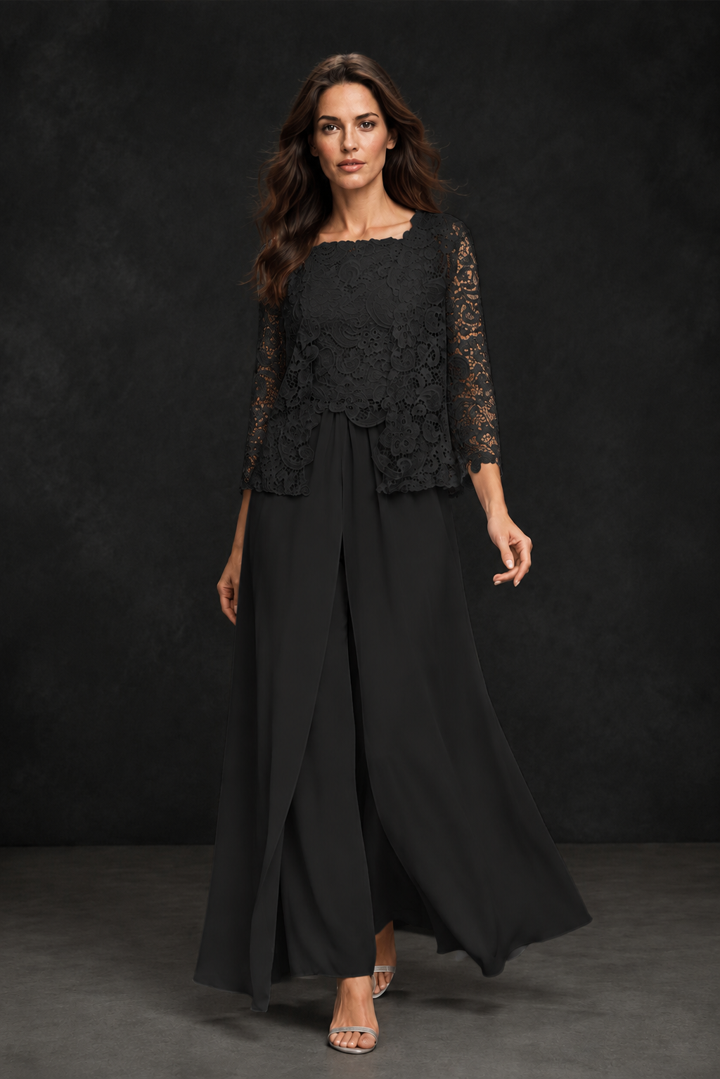 BOLODOO Black Grey Lace Peplum Top & Wide-Leg Chiffon Pants Set | Mother of the Bride & Formal Evening Outfit - Black