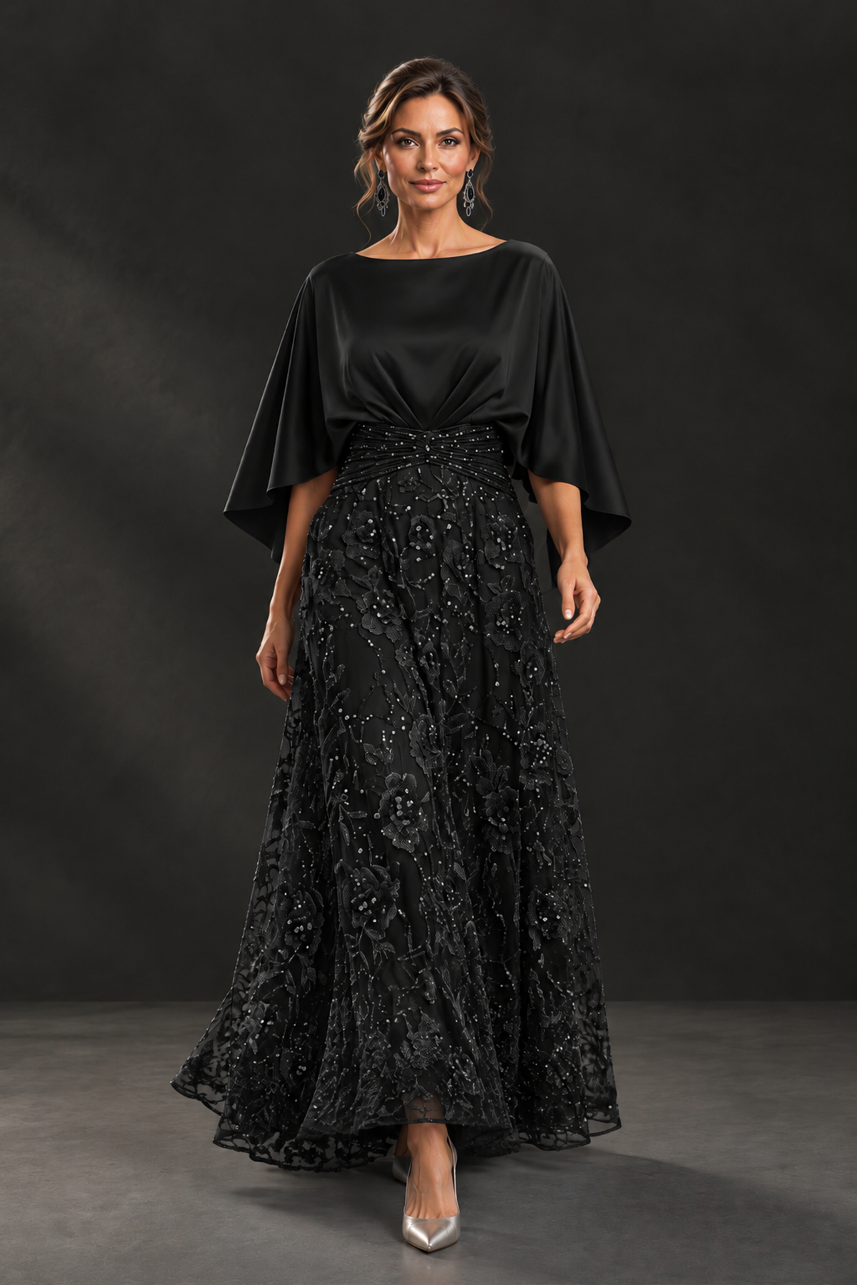 BOLODOO Black Cape Sleeve Floral Mother of the Bride Dress - Black - Black_1