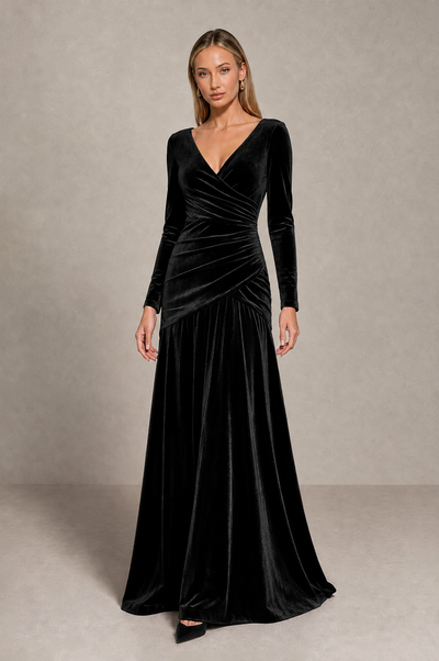 BOLODOO Black Velvet Long Sleeve V-Neck Ruched Evening Dress - Black - Black_1
