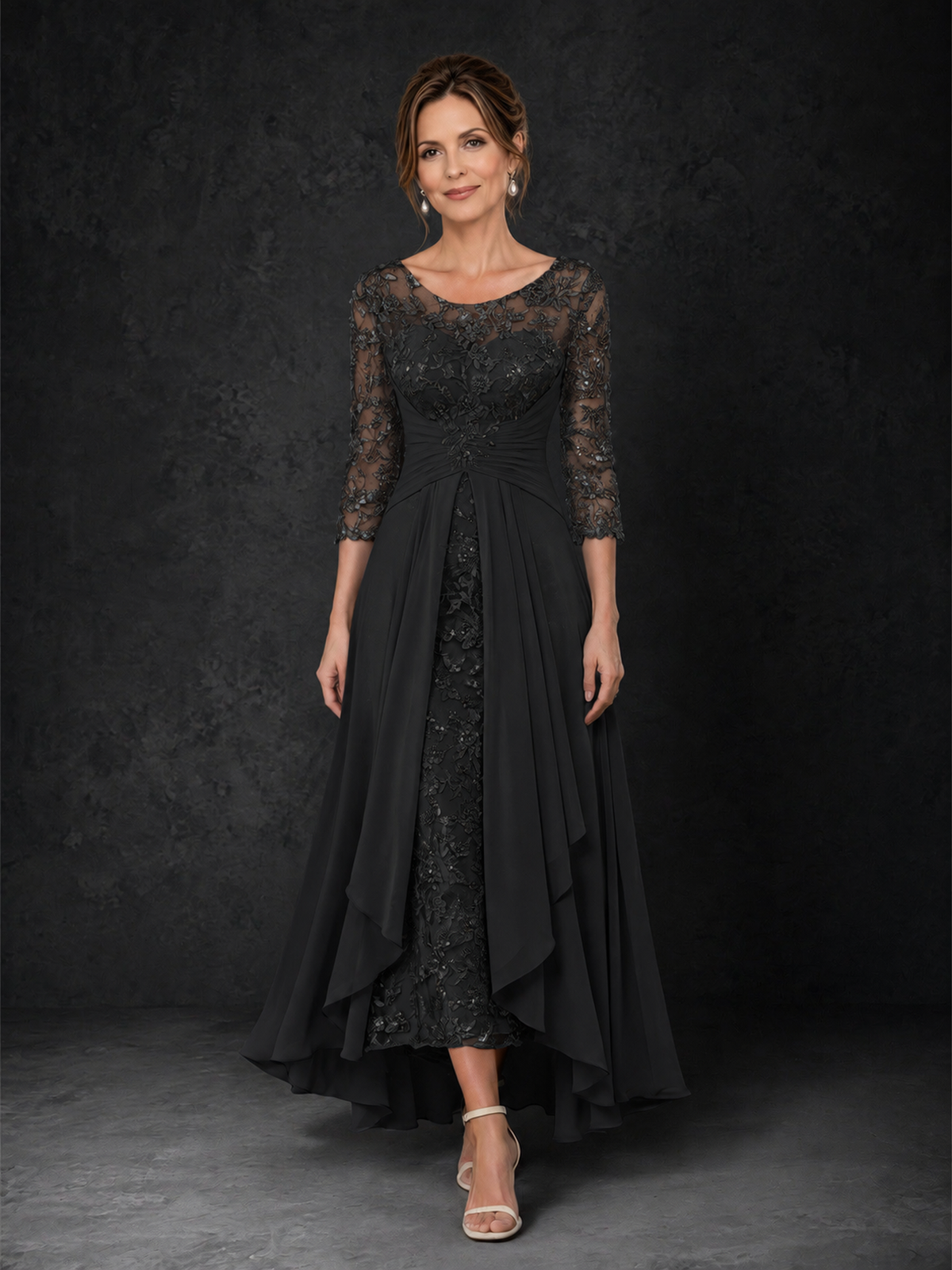 BOLODOO Black Sequin Lace & Chiffon Tea-Length Mother of the Bride Dress with 3/4 Sleeves - Black