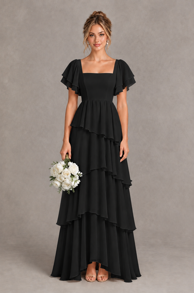 BOLODOO Black Square Neck Flutter Sleeve Tiered Chiffon Bridesmaid Dress with Lace-Up Back - Black - Black_1