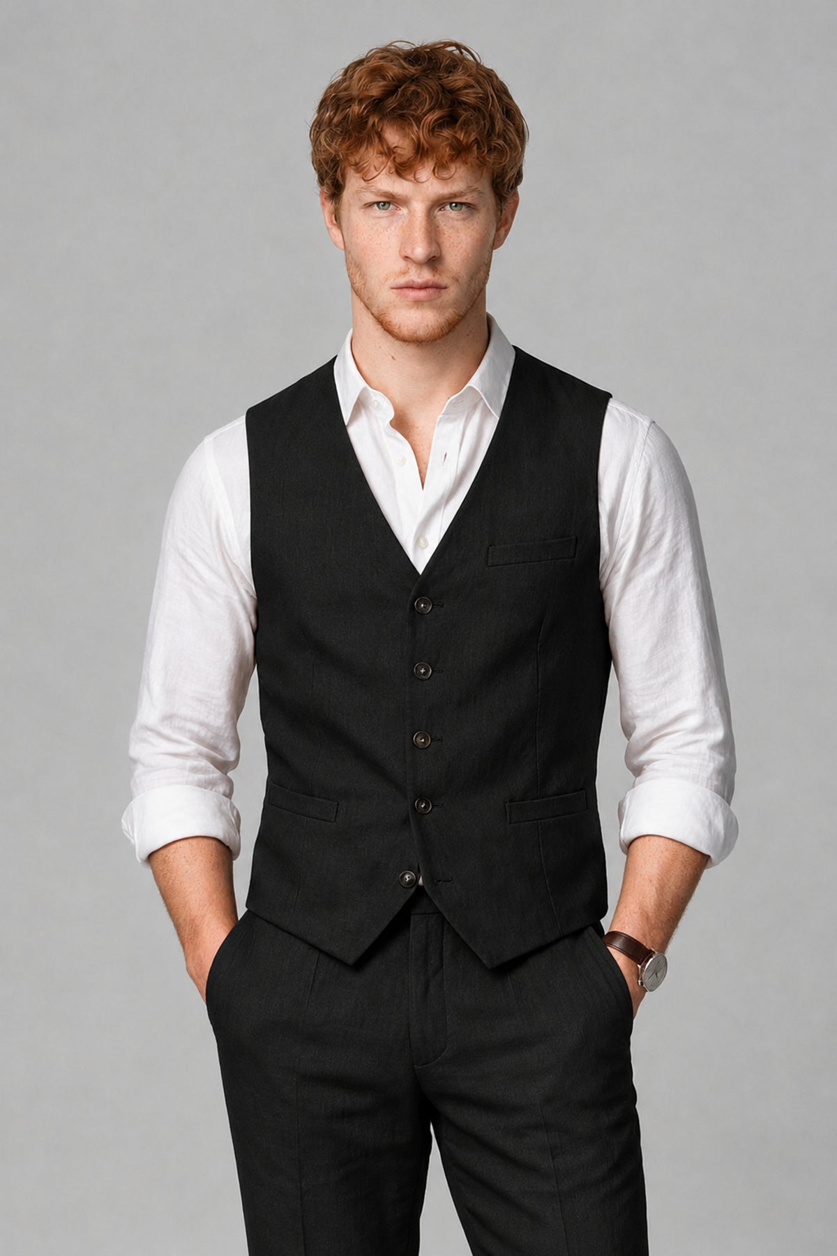 Bolodoo Men's Black 2-Piece Vest and Pants Set with V-Neck Waistcoat - Black - Black_1