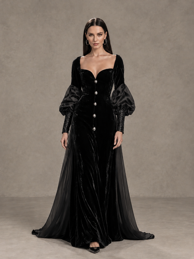 BOLODOO Black Velvet Long Sleeve Open-Back Evening Gown - Black - Black_1
