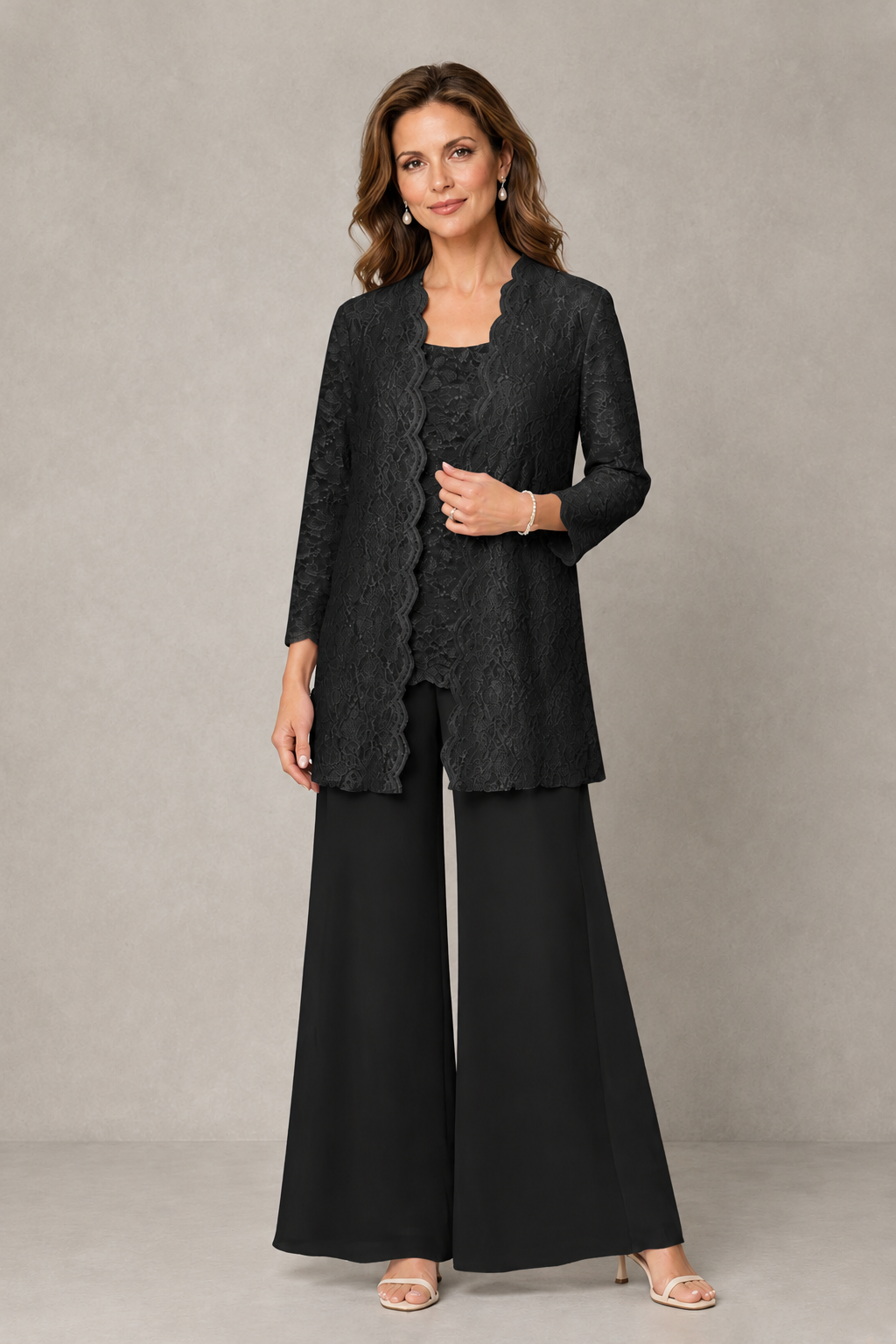 BOLODOO Black 3-Piece Lace Chiffon Pantsuit – Mother of the Bride Wedding Guest with Jacket - Black