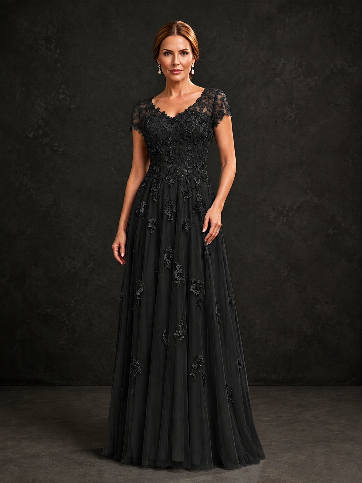 BOLODOO Black Cap Sleeve Lace Appliqué A-Line Formal Gown | Mother of the Bride Dress - Black - Black_1