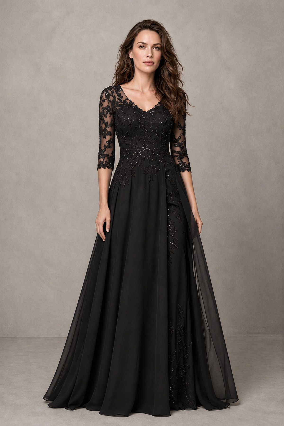 BOLODOO Midnight Black Beaded Lace Appliqué Chiffon A-Line Gown | Mother of the Bride & Formal Evening Dress - Black - Black_1