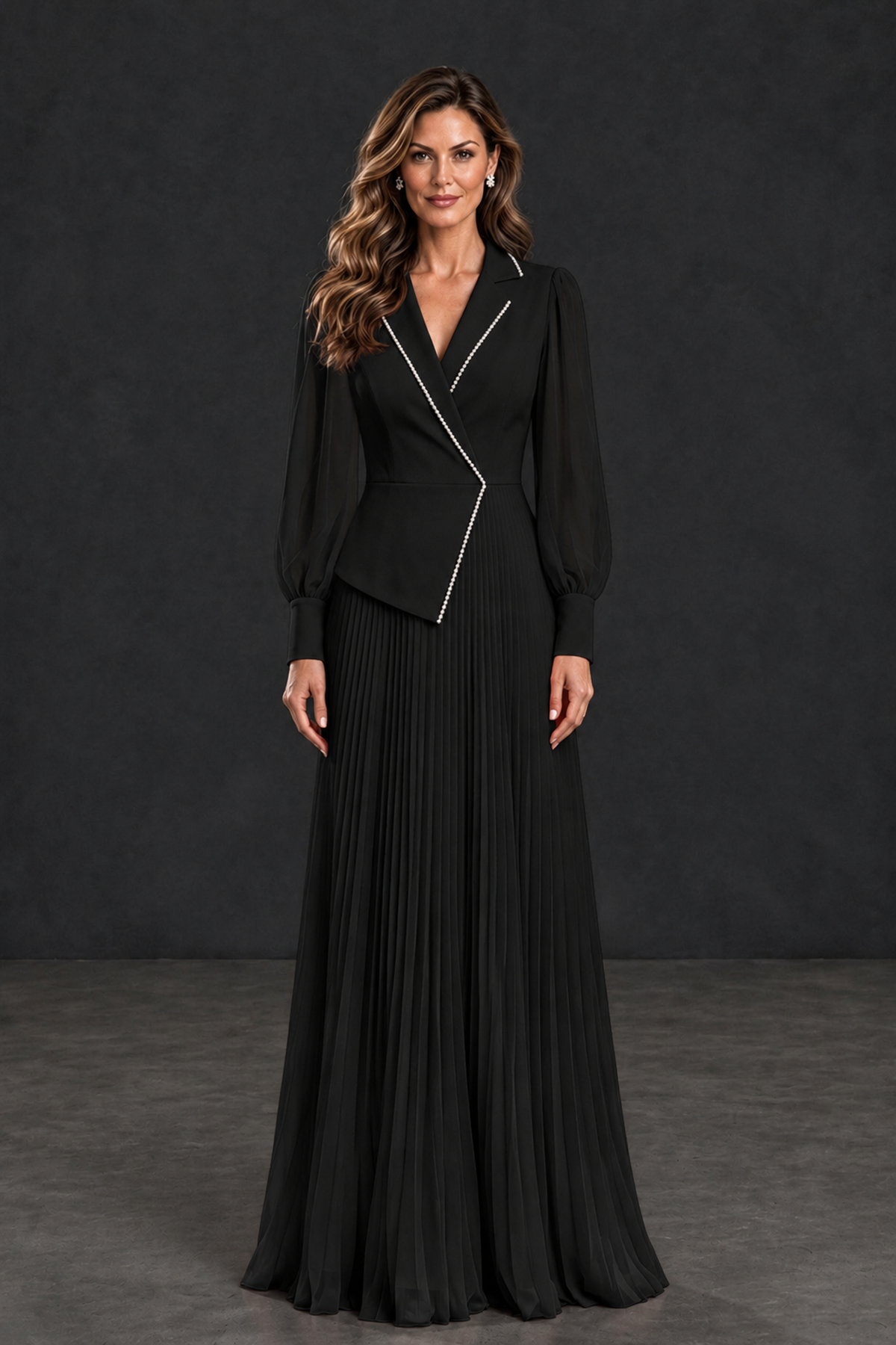 BOLODOO Black Long Sleeve Pleated Mother of the Bride Dress - Black - Black_1