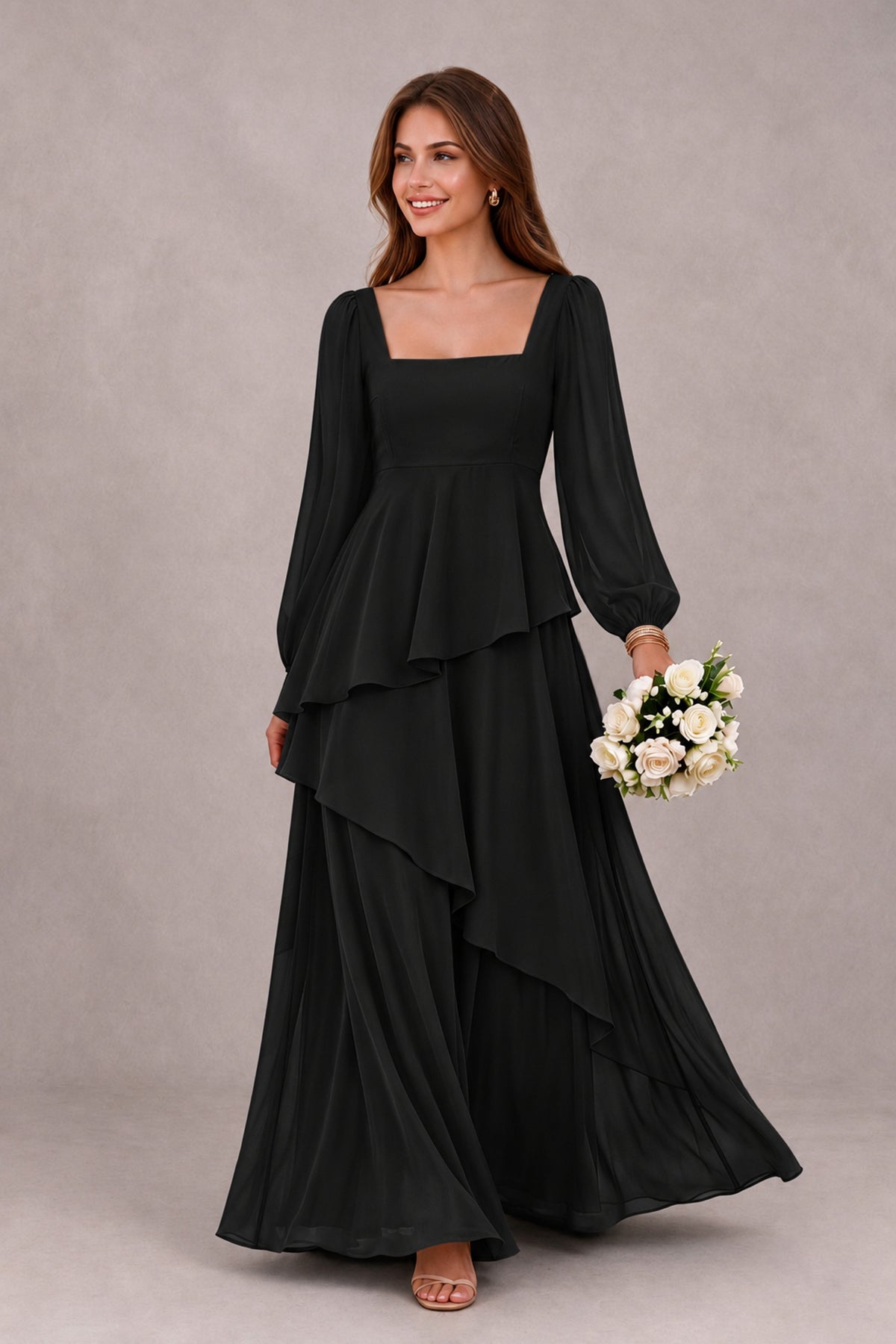 BOLODOO Black Long Sleeve Ruffle Bridesmaid Dresses - Black - Black_1