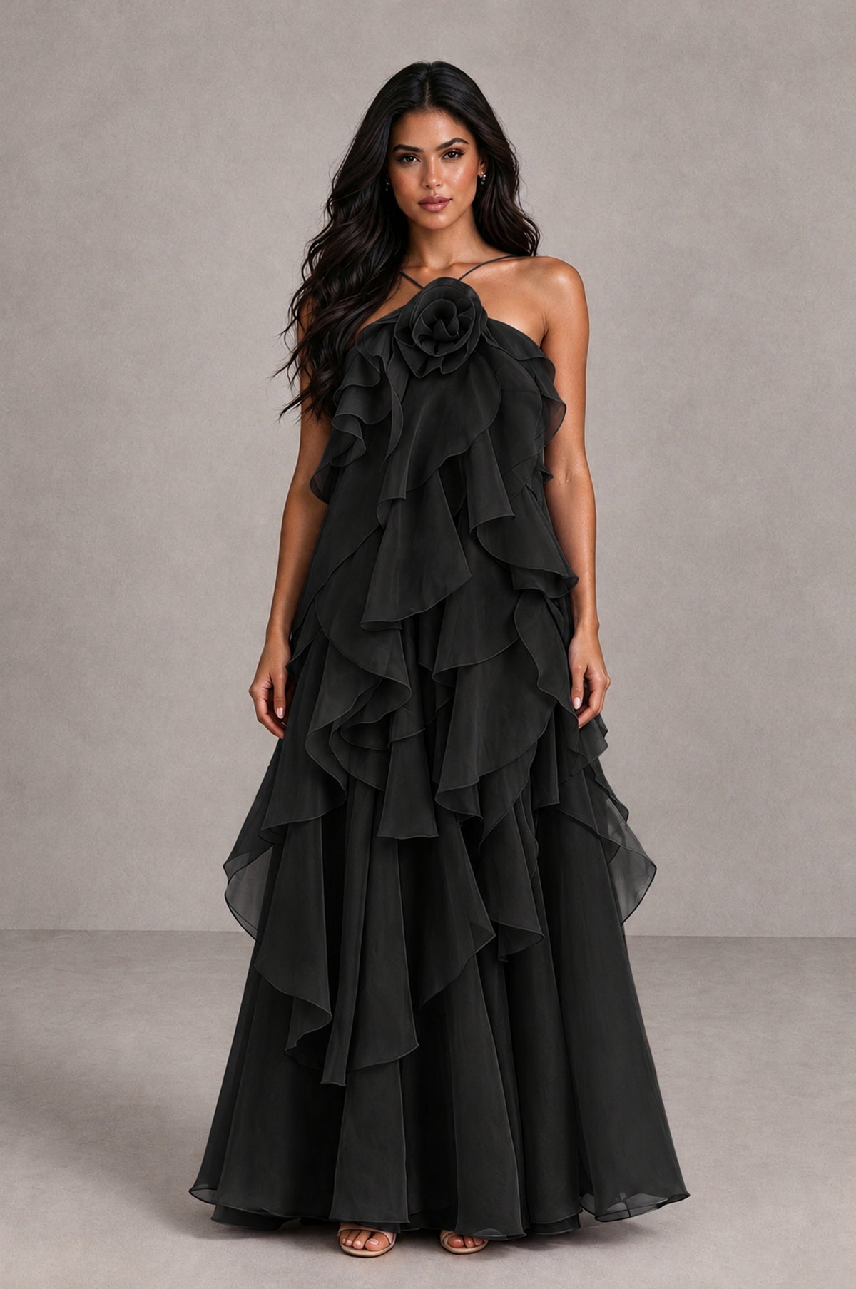 BOLODOO Black Cascading Ruffle Rosette Open-Back Maxi Dress - Black - Black_1