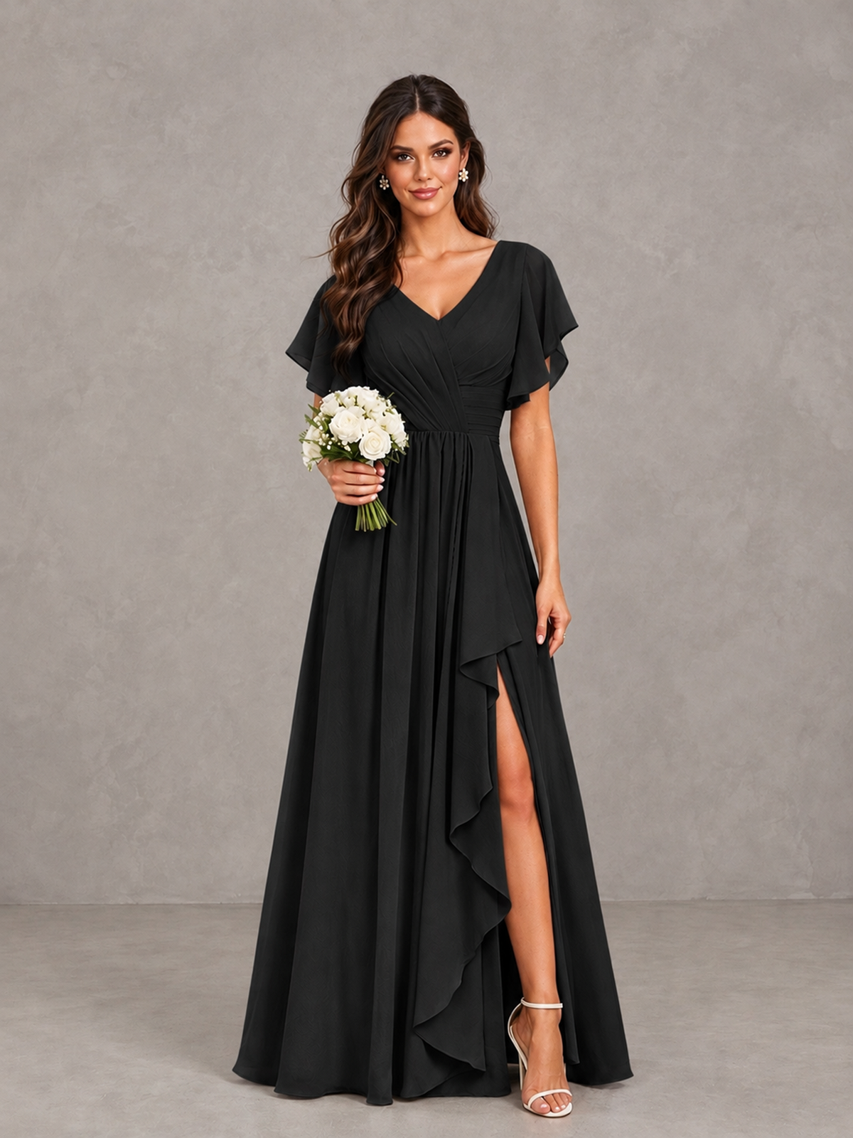 BOLODOO Black Flutter Sleeve V-Neck Bridesmaid Dress with Ruffle Slit - Black - Black_1
