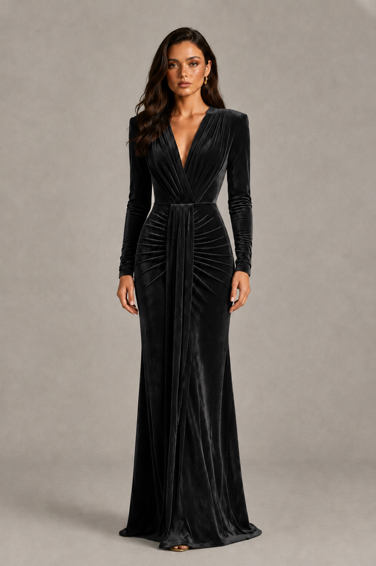 BOLODOO Black Velvet Long Sleeve V-Neck Ruched Evening Gown - Black