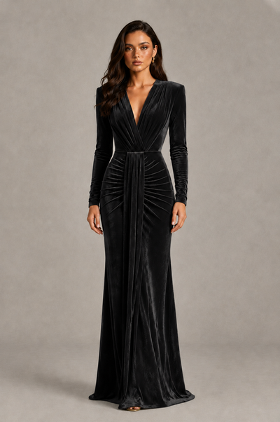BOLODOO Black Velvet Long Sleeve V-Neck Ruched Evening Gown - Black