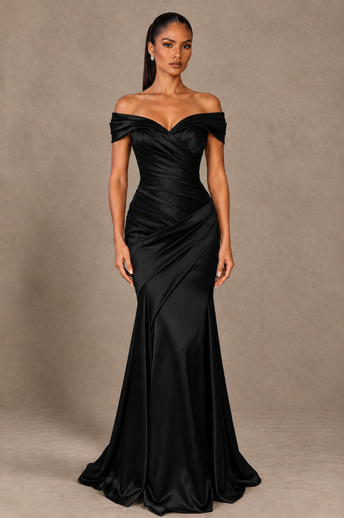 BOLODOO Black Off-the-Shoulder Ruched Satin Mermaid Evening Dress - Black - Black_1